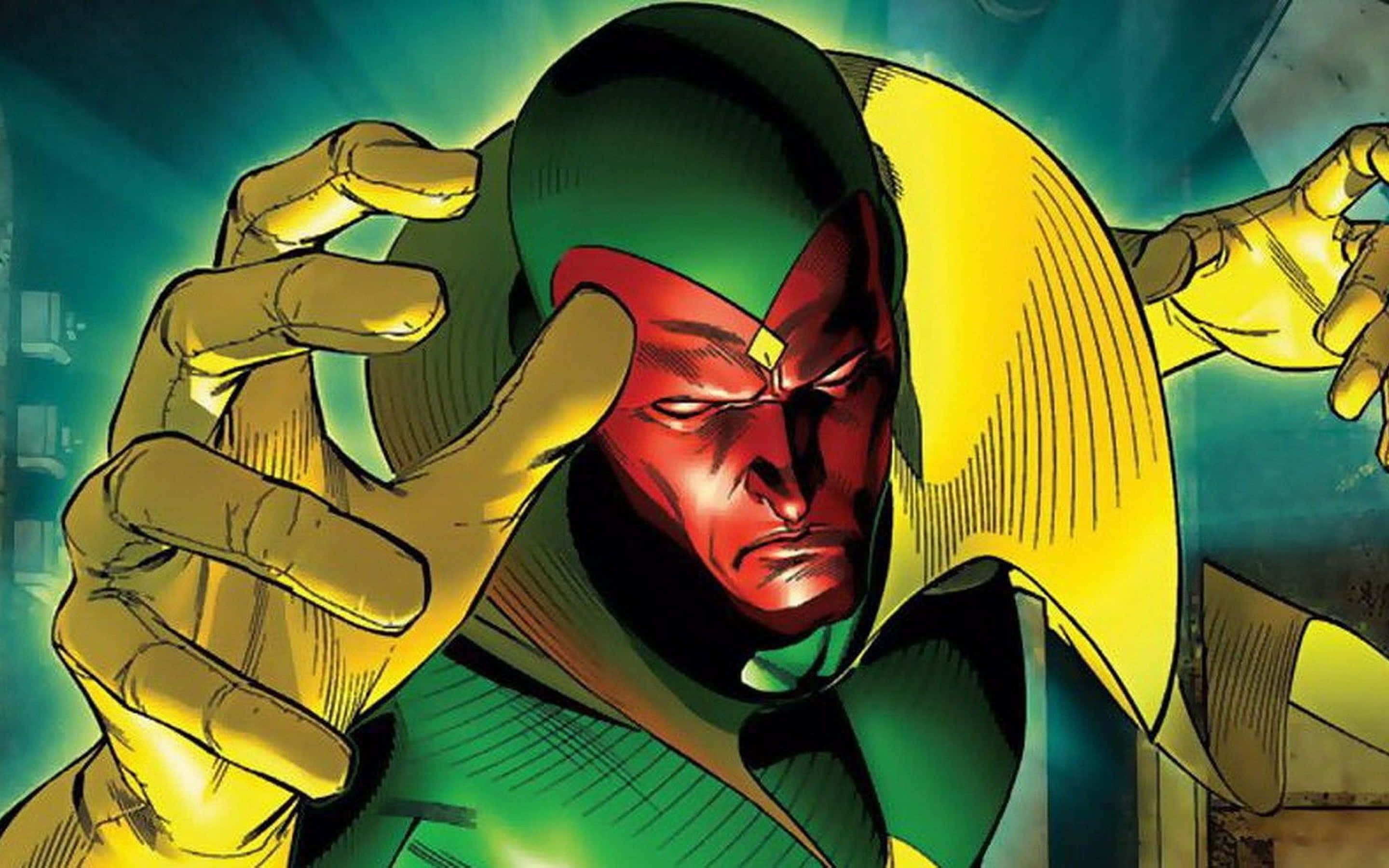 Vision Avengers, red face, green hood, 2K Desktop Wallpaper