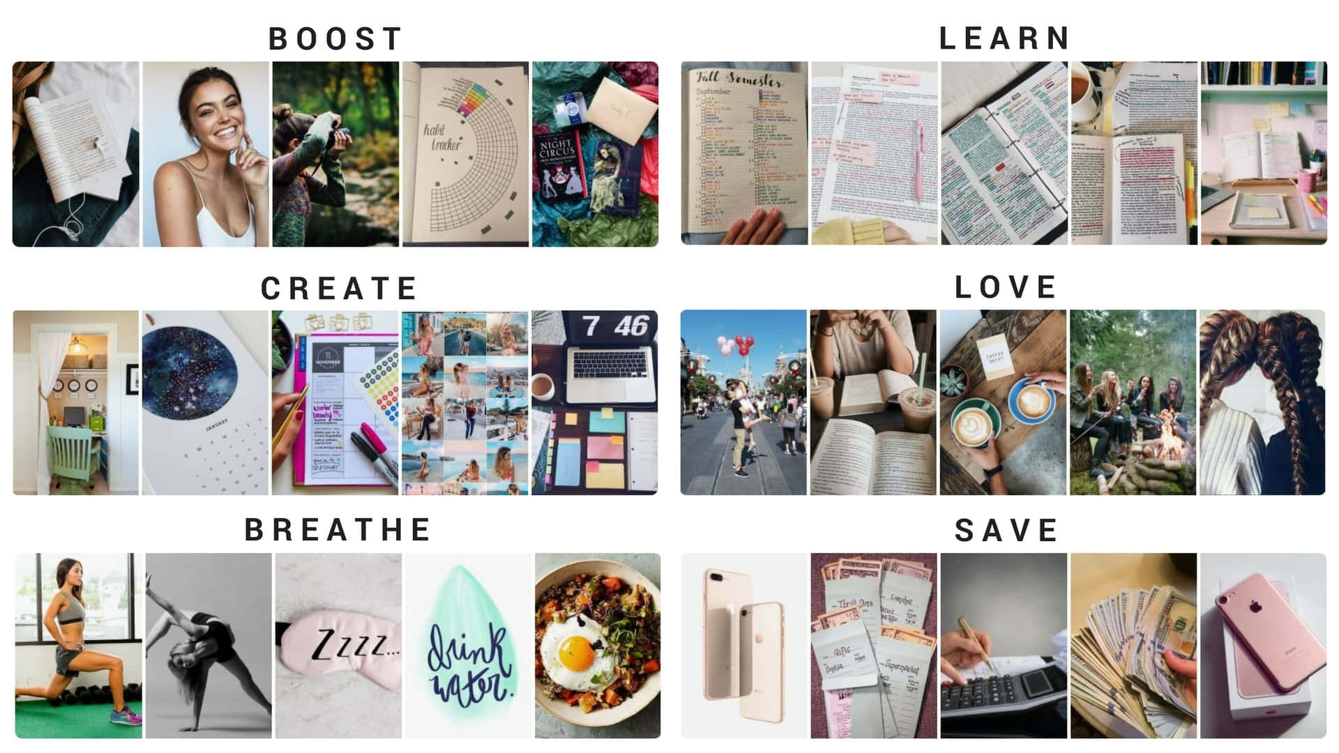 Vision Board, lifestyle moments, smiling people, Full HD Desktop Wallpaper