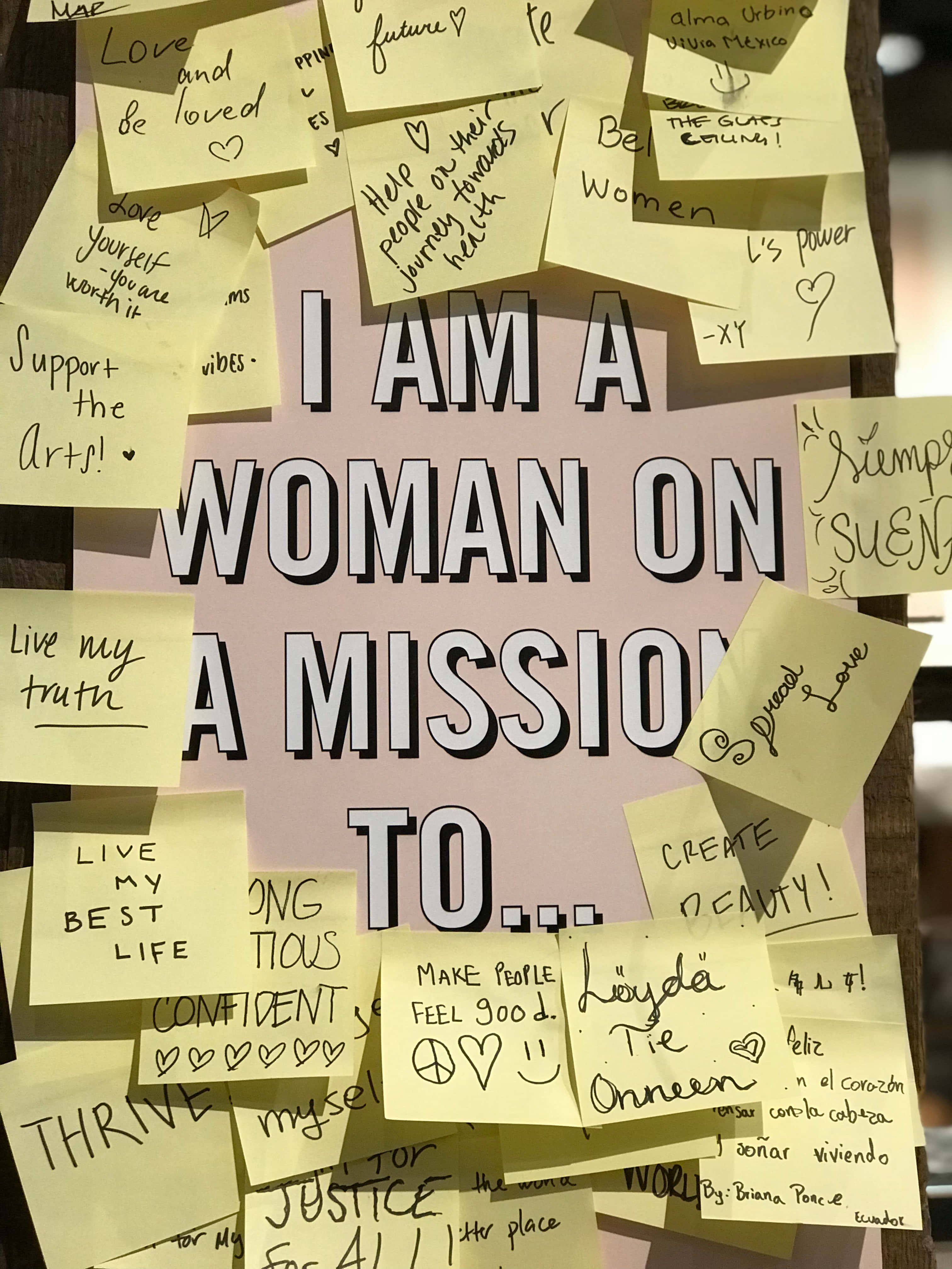 Vision Board, pink wall, yellow sticky notes, 4K Phone Wallpaper