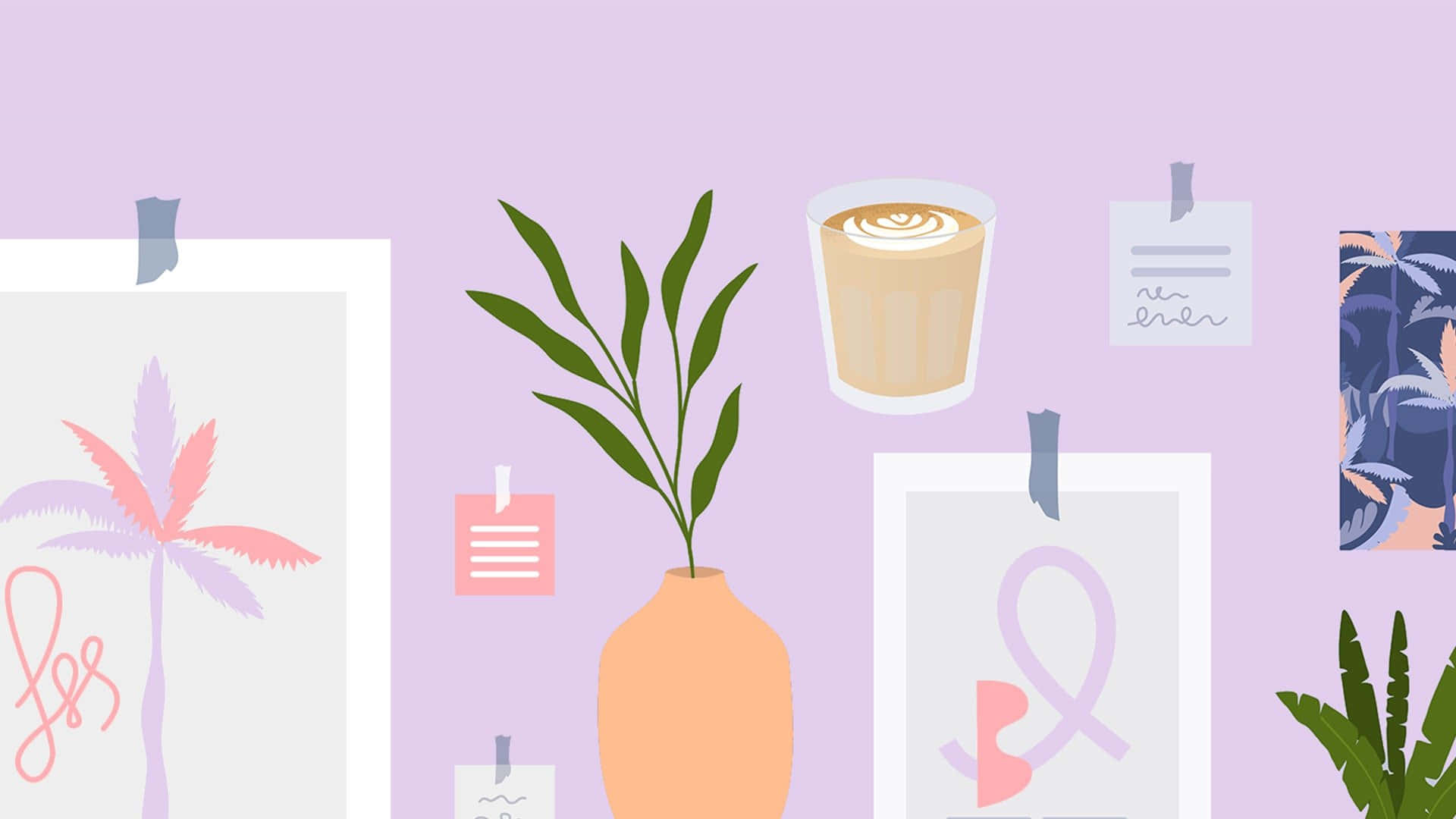 pastel purple wall, illustrated posters, plants, Full HD Desktop Wallpaper