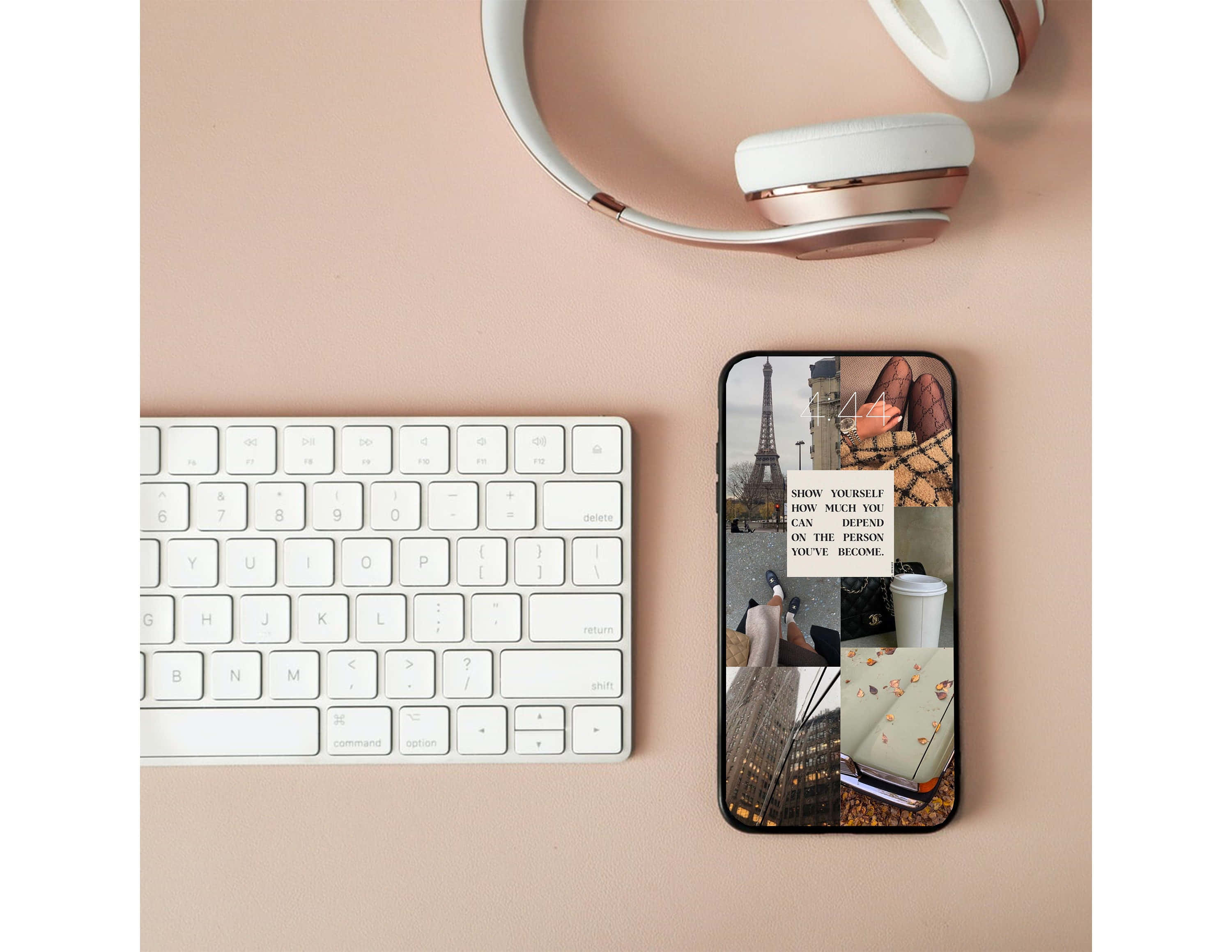 vision board, white keyboard, rose gold headphones, 2K Desktop Wallpaper