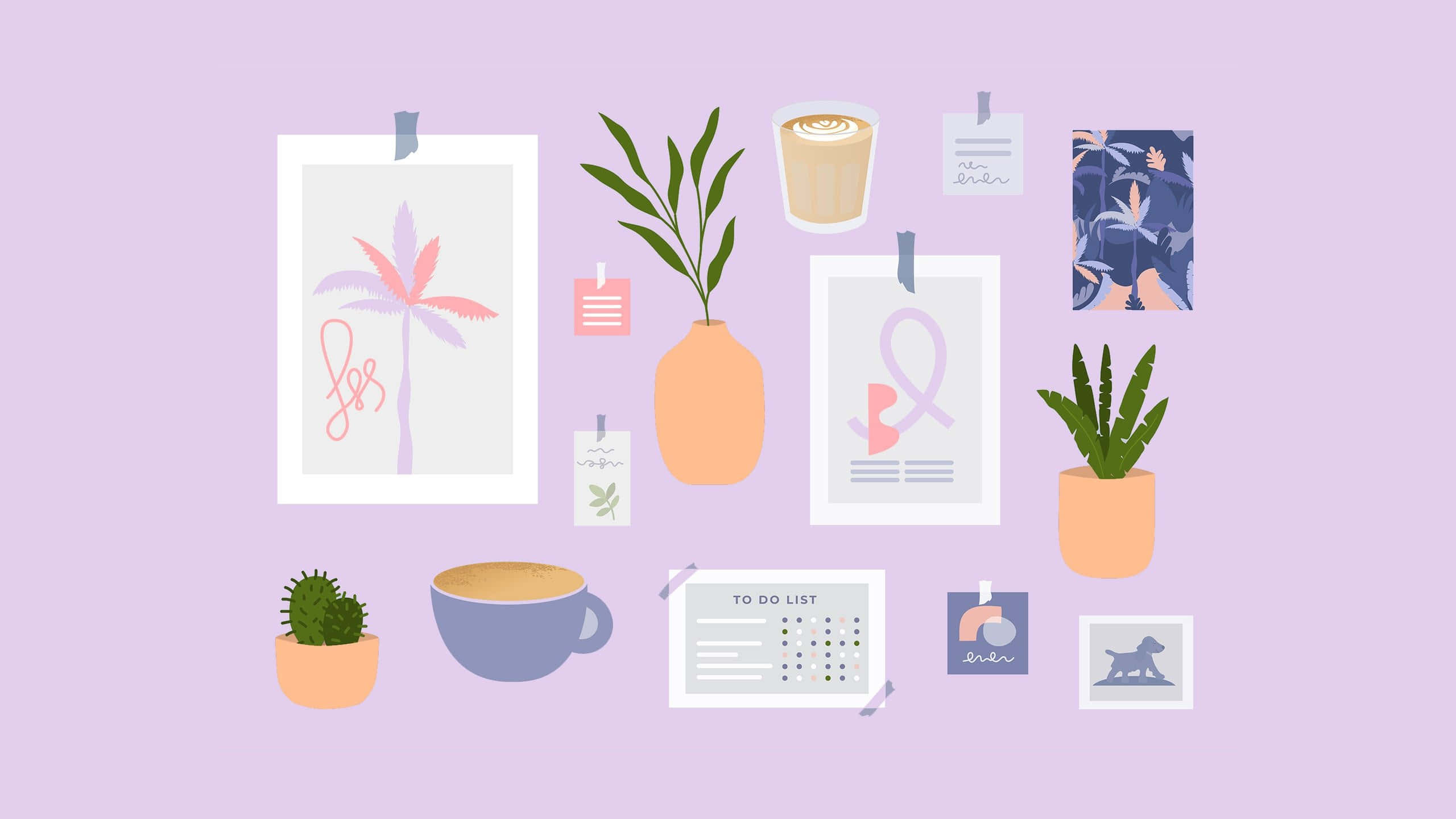 pastel purple wall, illustrated posters, plants, 2K Desktop Wallpaper