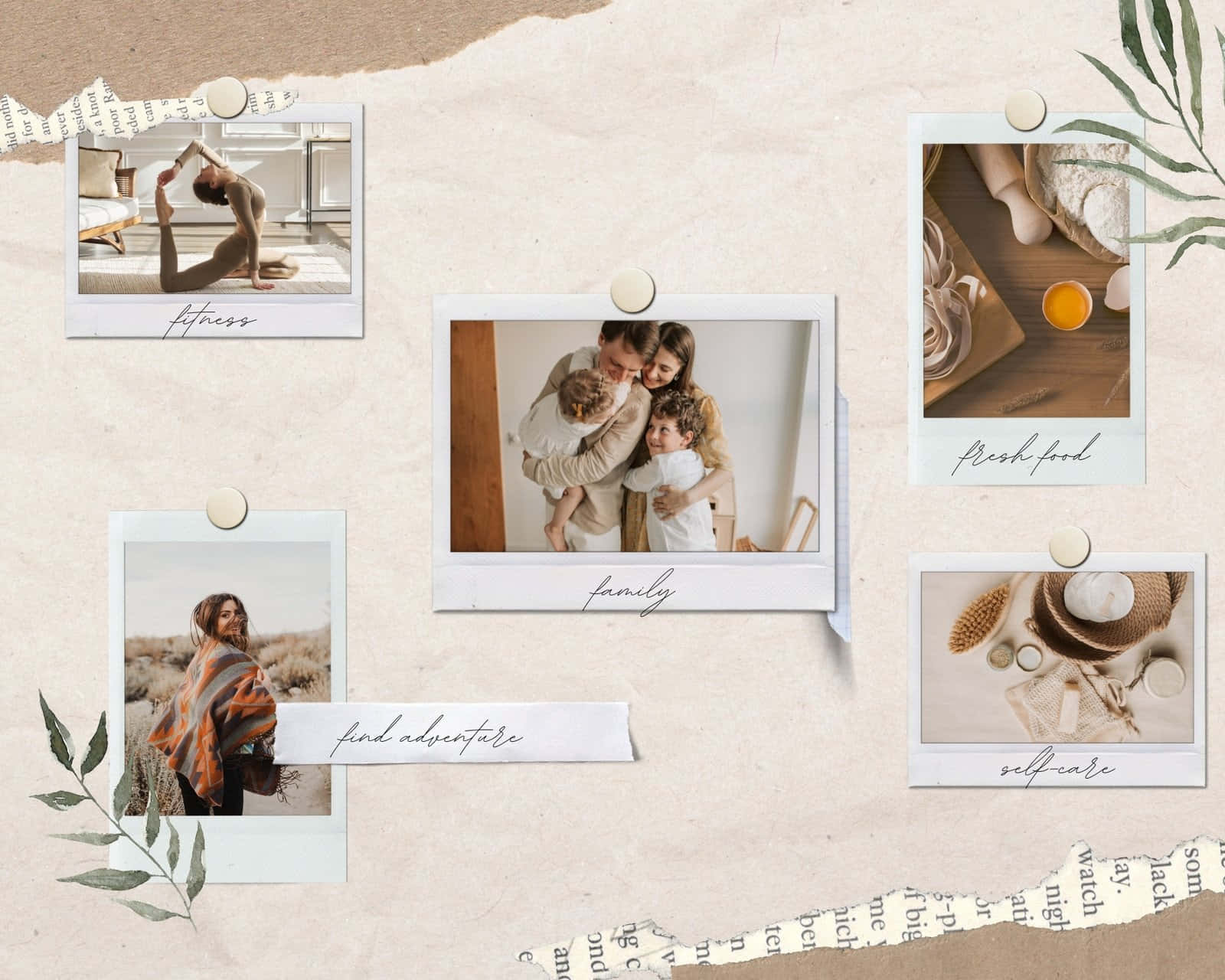 Polaroid photos, textured paper, yoga family, HD Desktop Wallpaper