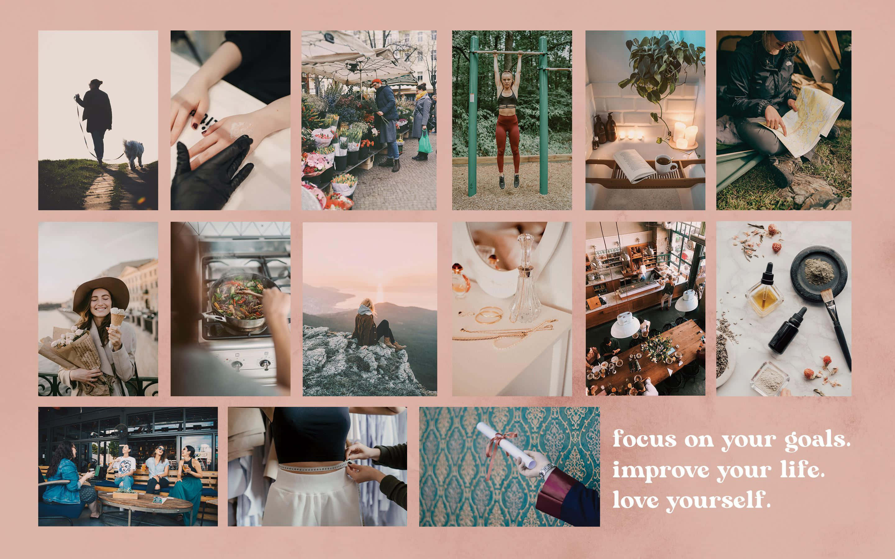 vision board, soft pink backgrounds, hiking, 2K Desktop Wallpaper
