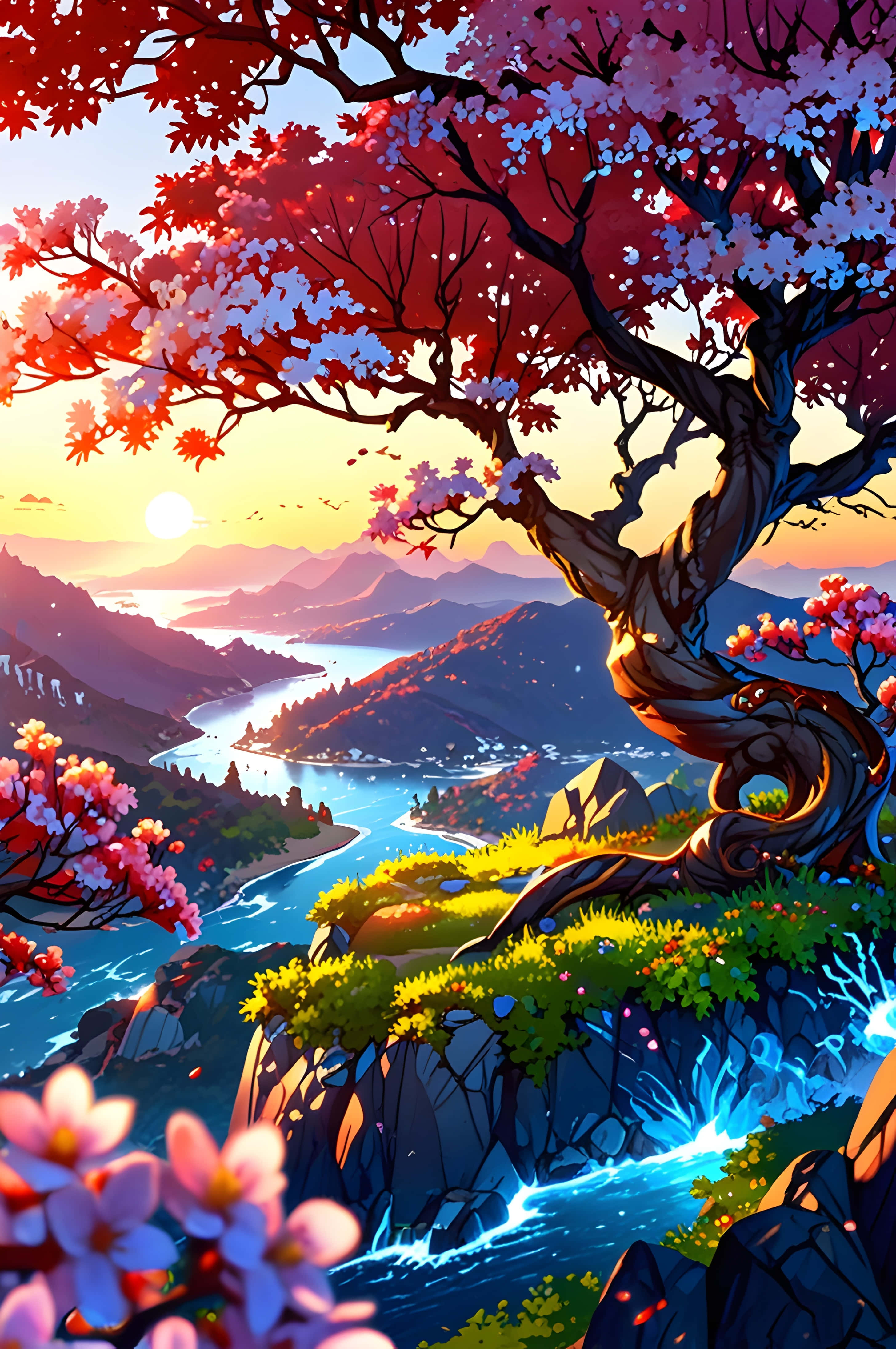 cherry blossom tree, red and pink flowers, winding river, 4K Phone Wallpaper