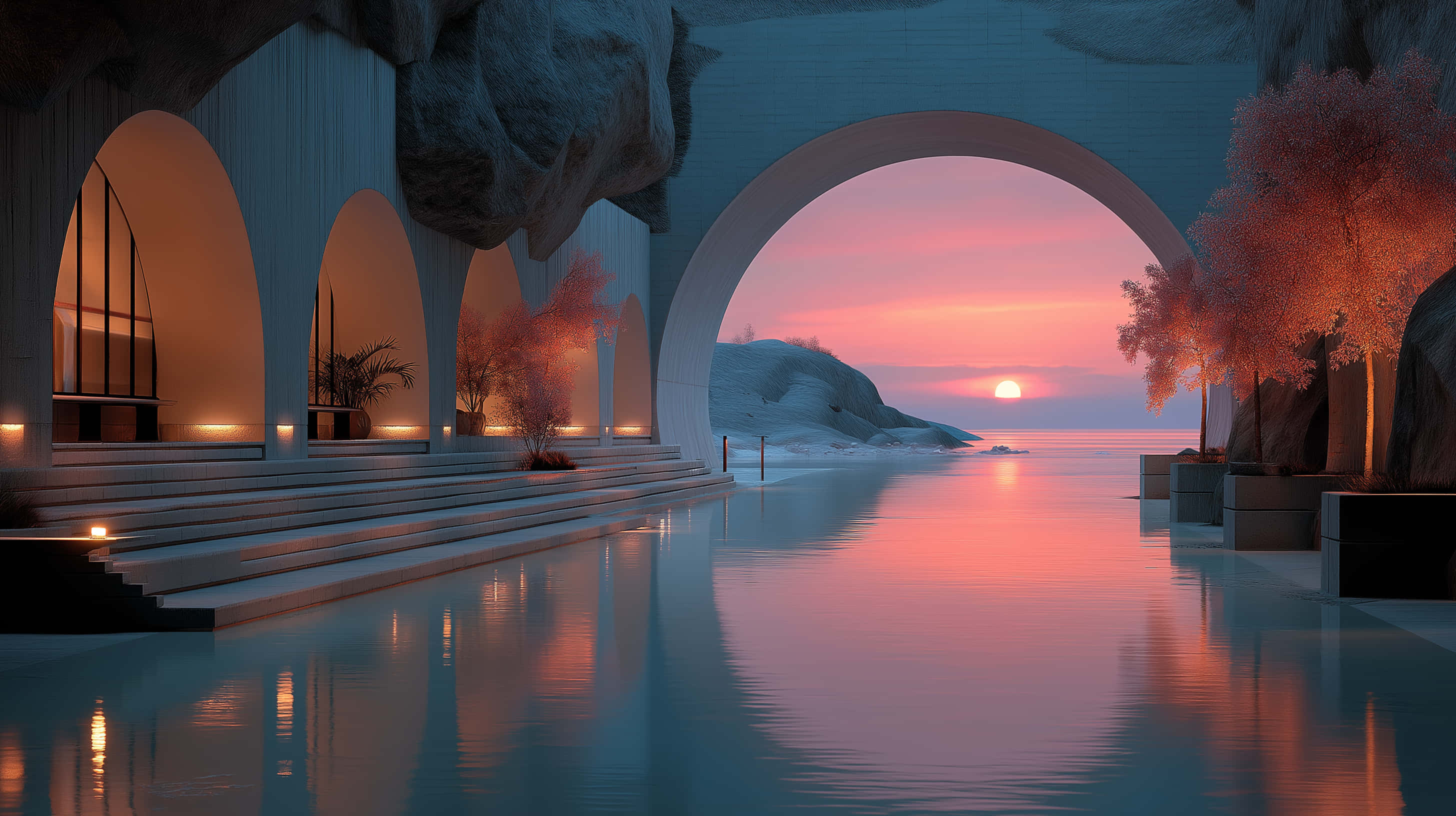 coastal architecture, reflective pool, sunset vista, 2K Desktop Wallpaper