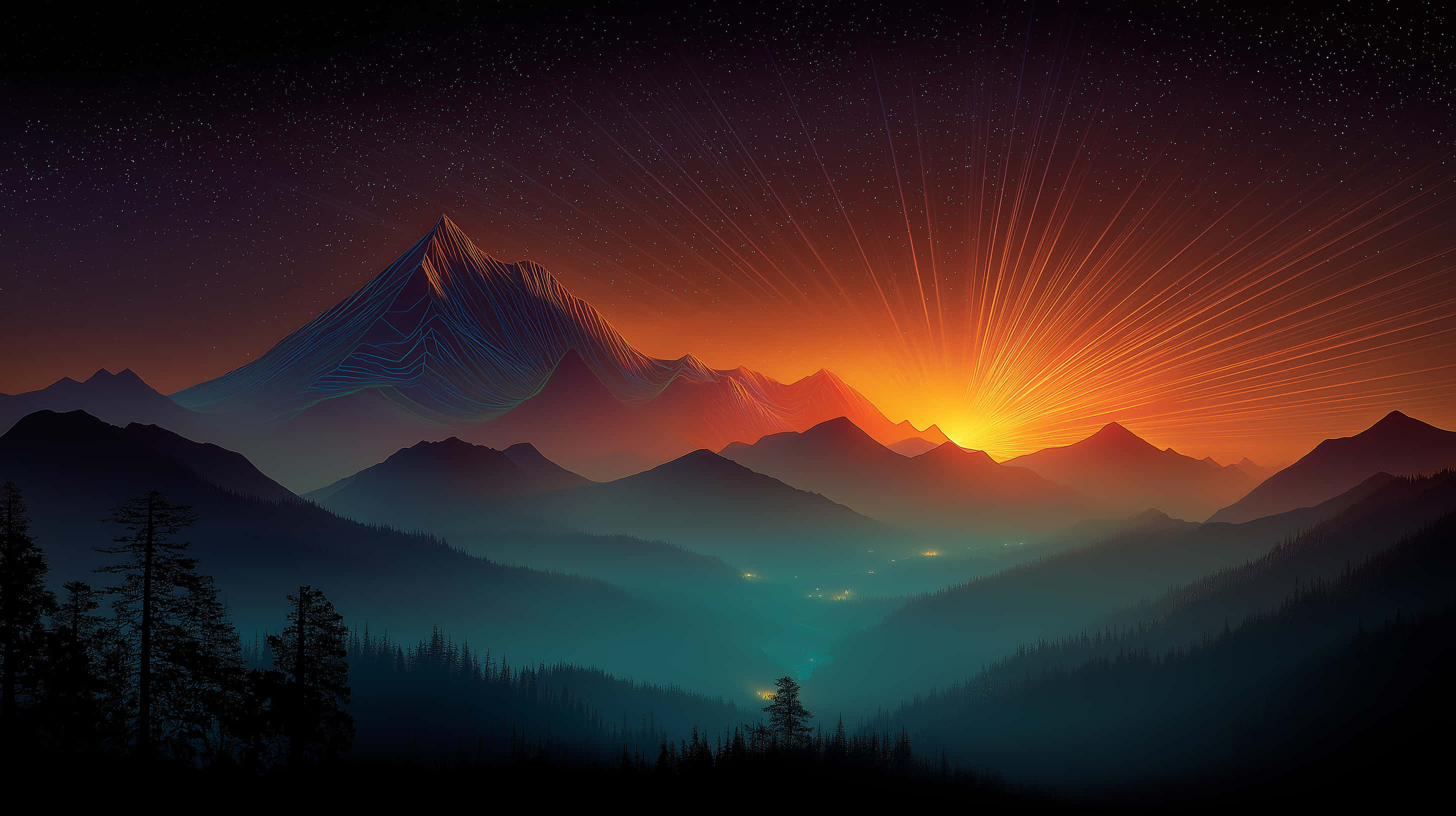 Cosmic Mountain Dawn, vibrant lightburst, twilight, 2K Desktop Wallpaper