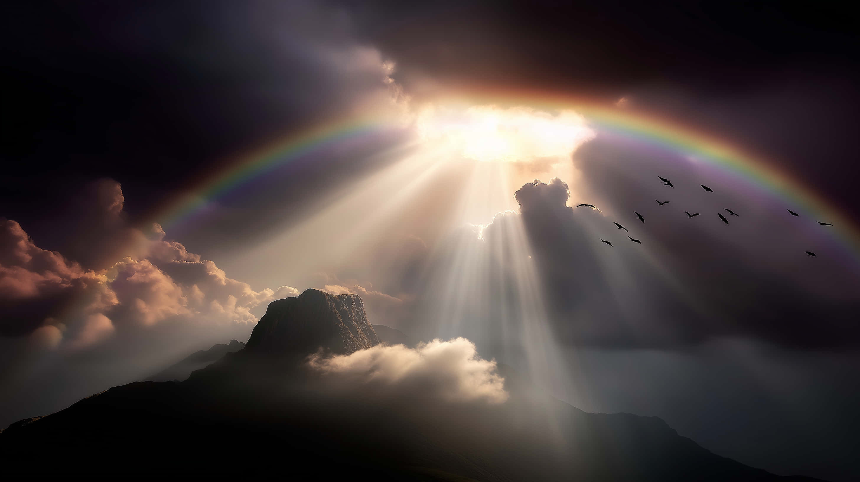 mountain peak, sunlight beams, dark clouds, 2K Desktop Wallpaper