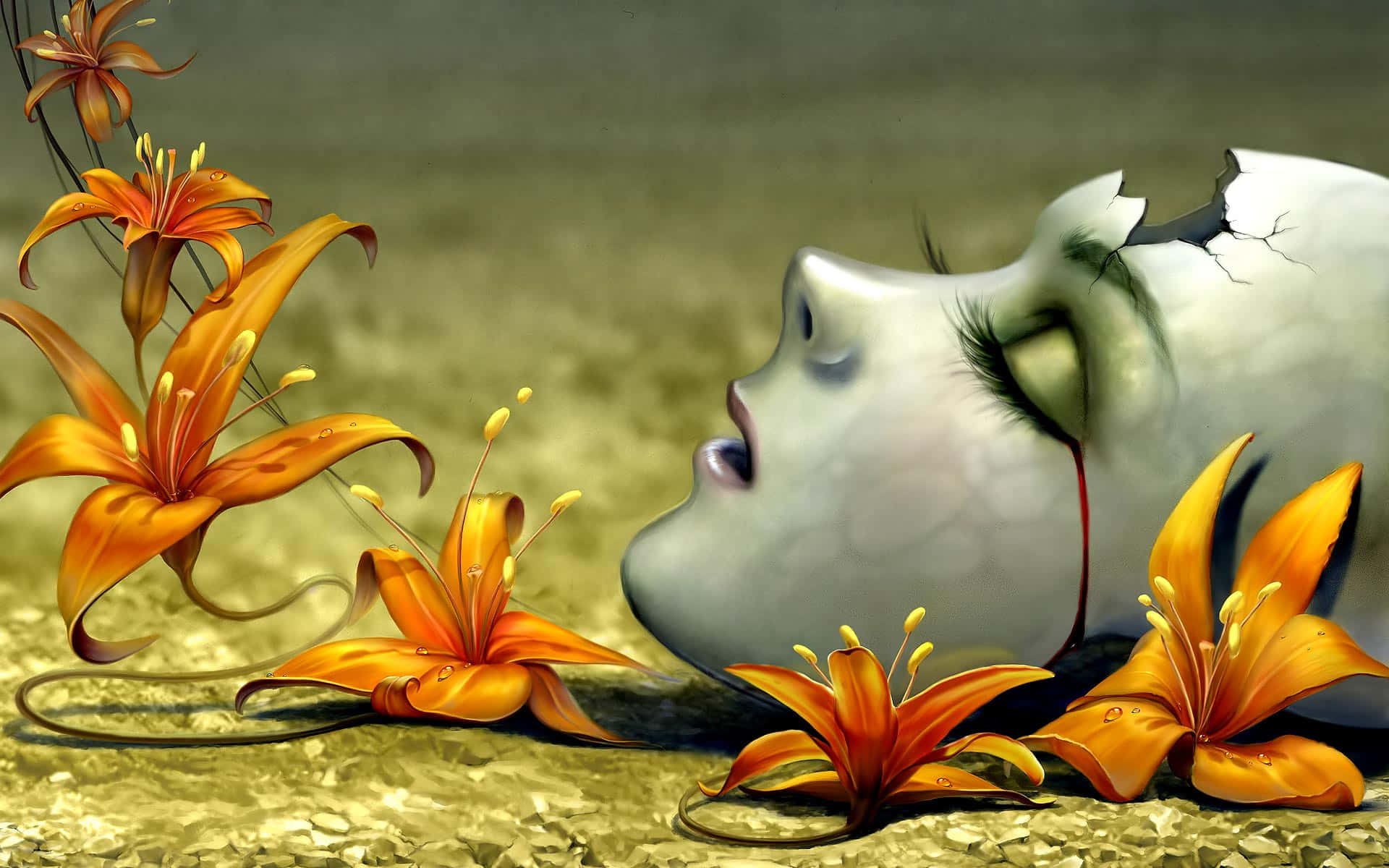 cracked porcelain face, closed eyes, vibrant orange lilies, Full HD Desktop Wallpaper