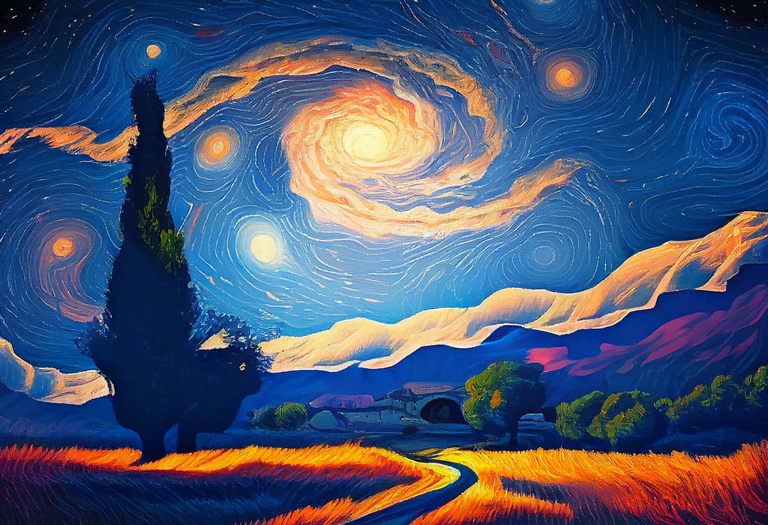 starry night sky, glowing spiral galaxy, winding path, HD Desktop Wallpaper
