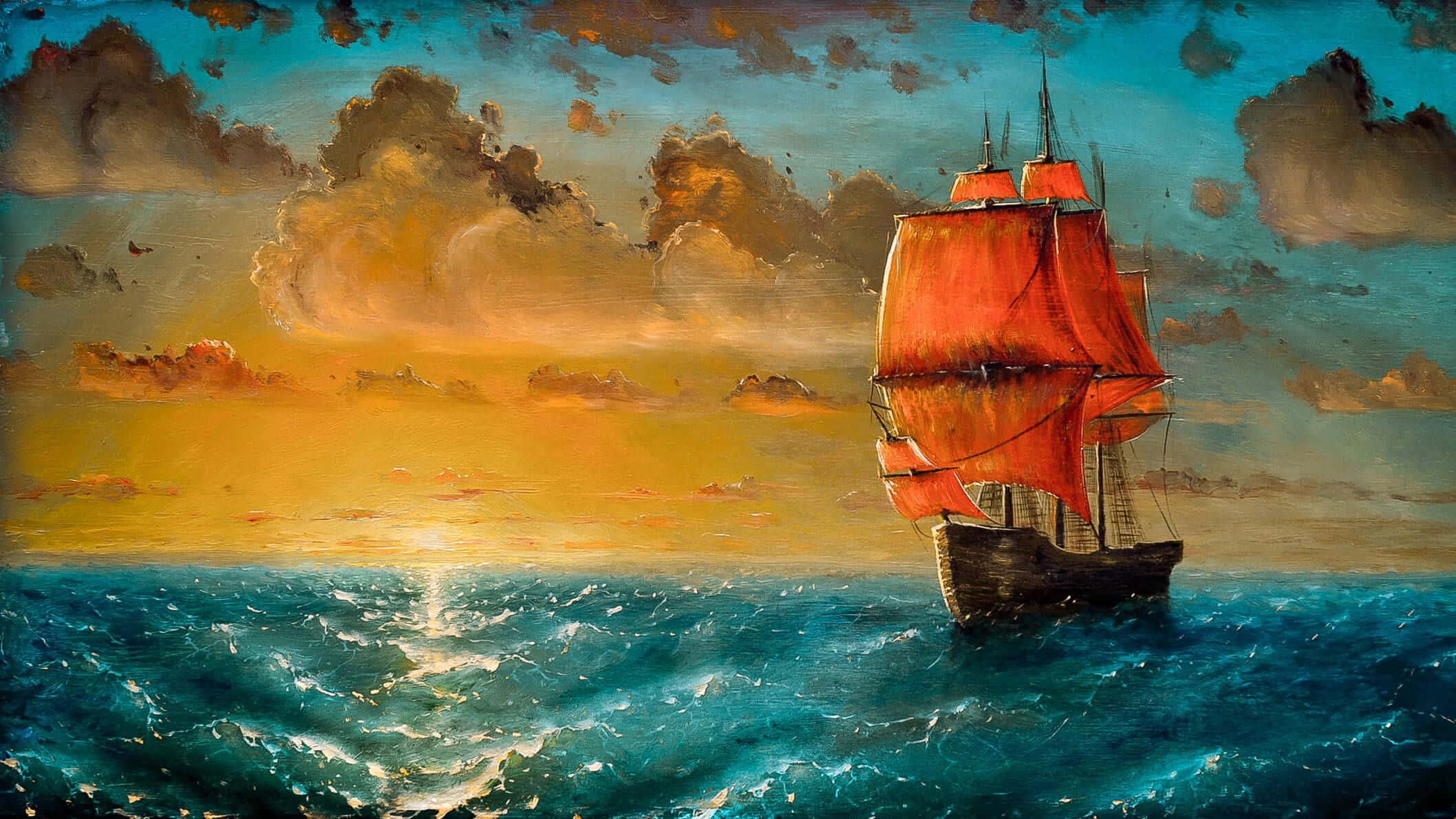 red-sailed ship, turbulent blue seas, dramatic sunset sky, Full HD Desktop Wallpaper