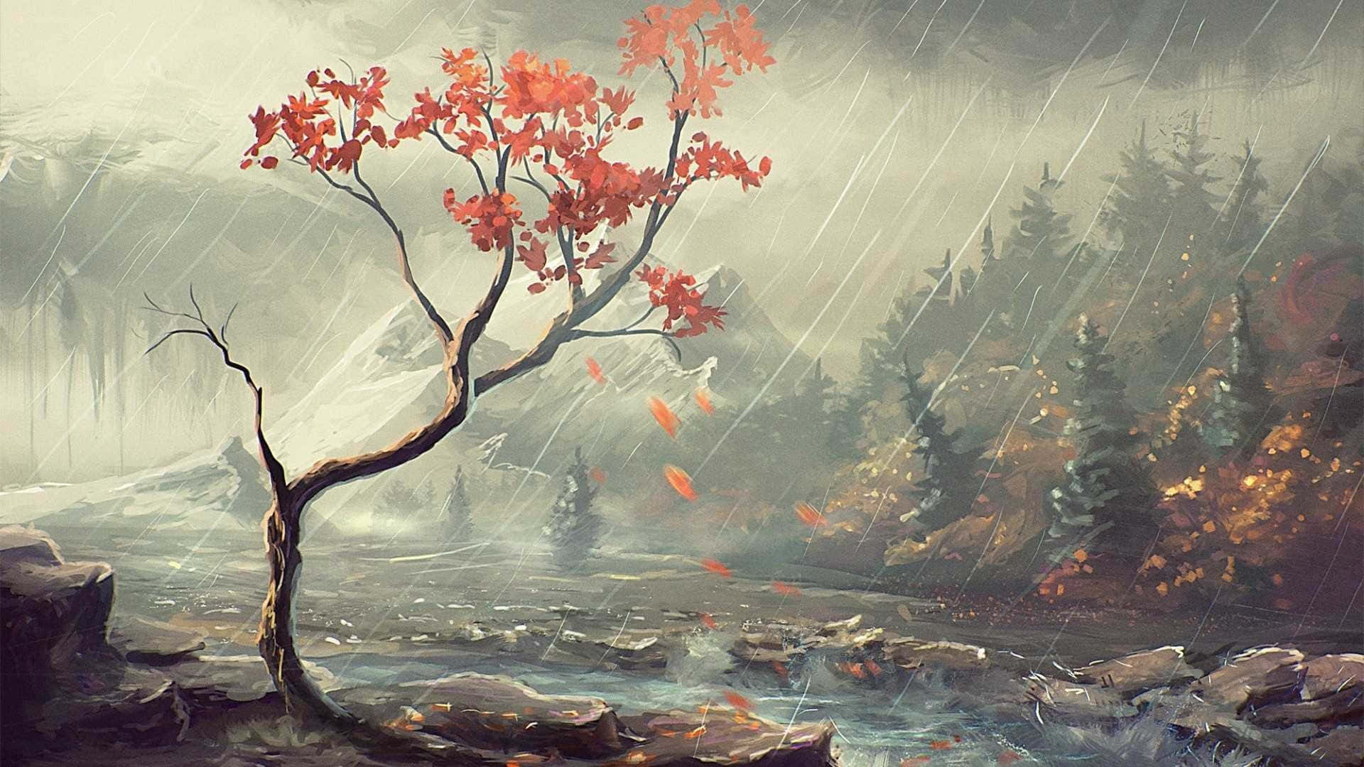 Abstract Visual Art, fiery red leaves, rainy mountain stream, Full HD Desktop Wallpaper