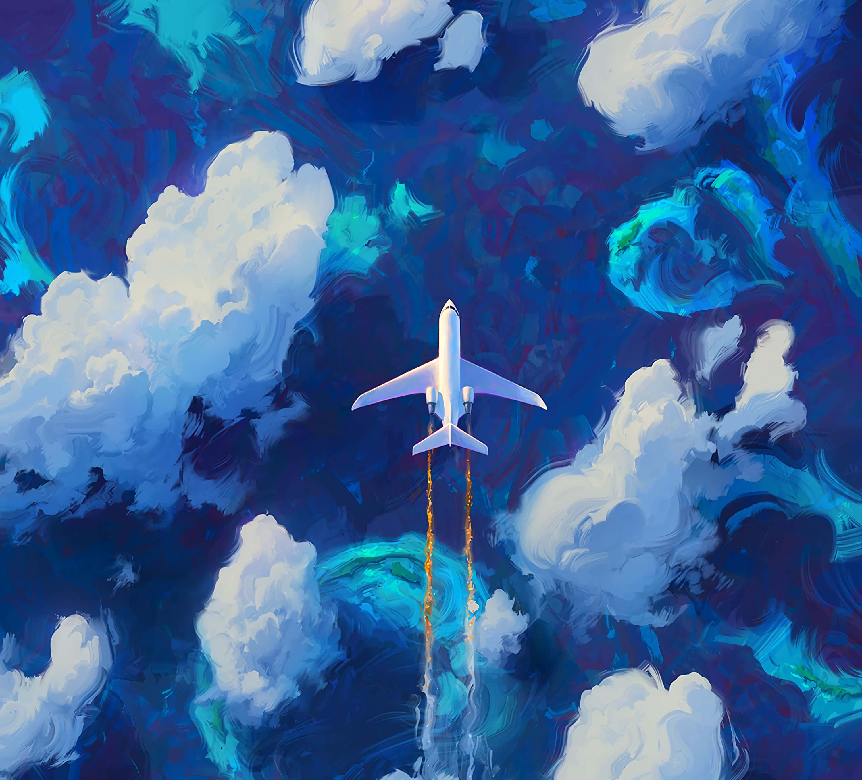white airplane, swirling blue and white clouds, fiery orange exhaust trails, 2K Desktop Wallpaper