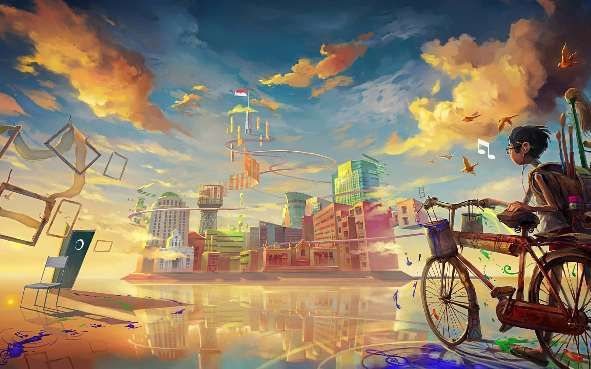 surreal floating cityscape, sunset, vibrant clouds, Full HD Desktop Wallpaper