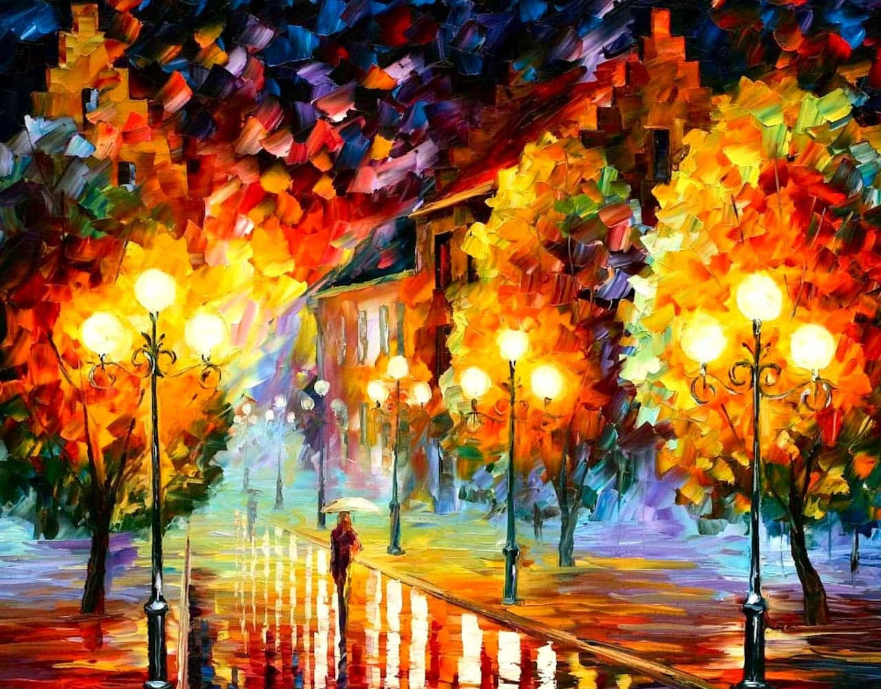oil painting, lone figure, glowing streetlamps, HD Desktop Wallpaper