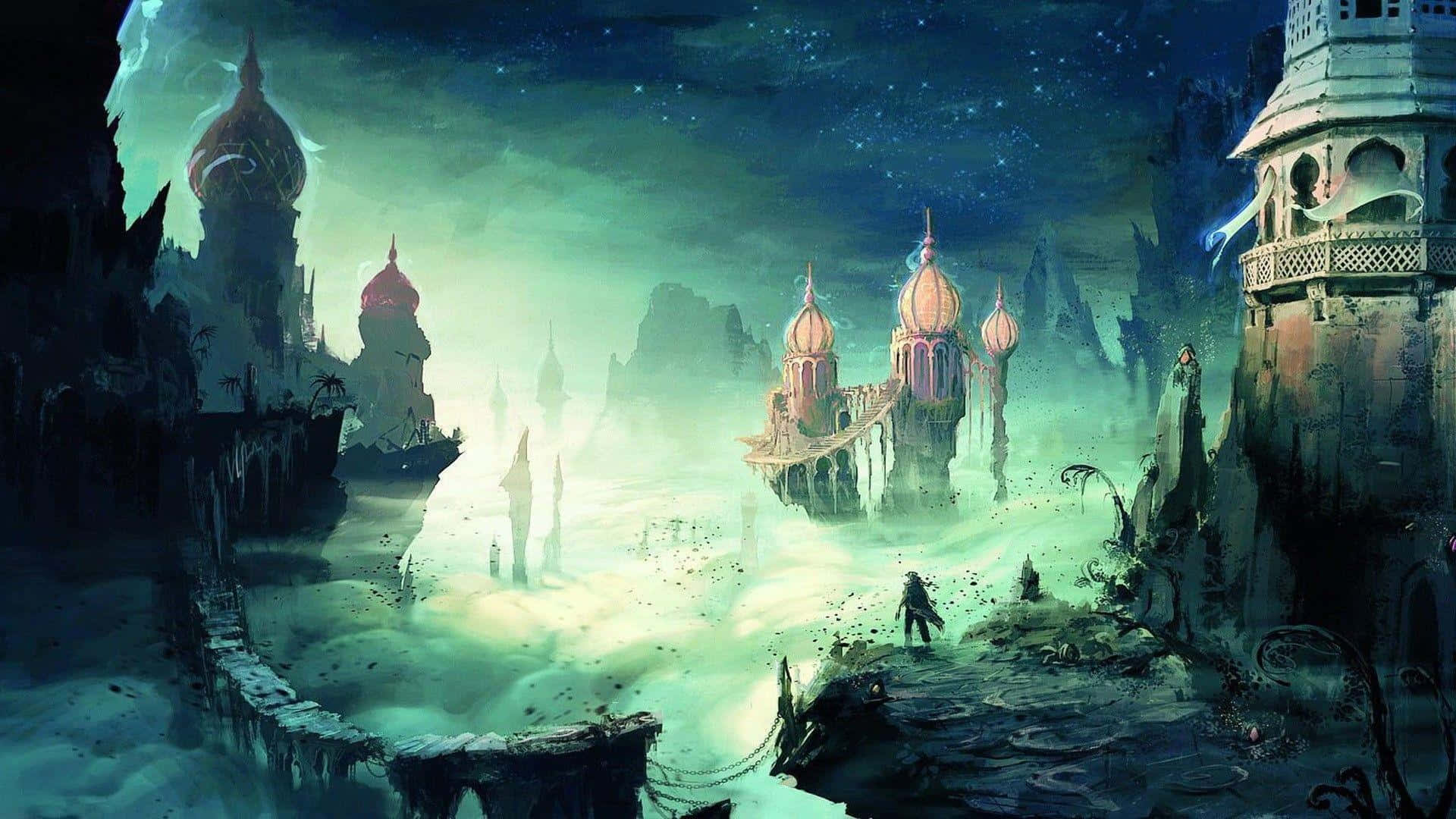 Conceptual Art, glowing green landscape, ancient floating domed structures, Full HD Desktop Wallpaper