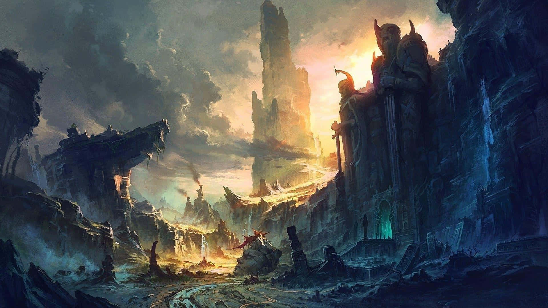 Conceptual Art, golden sunset, towering ruins, Full HD Desktop Wallpaper