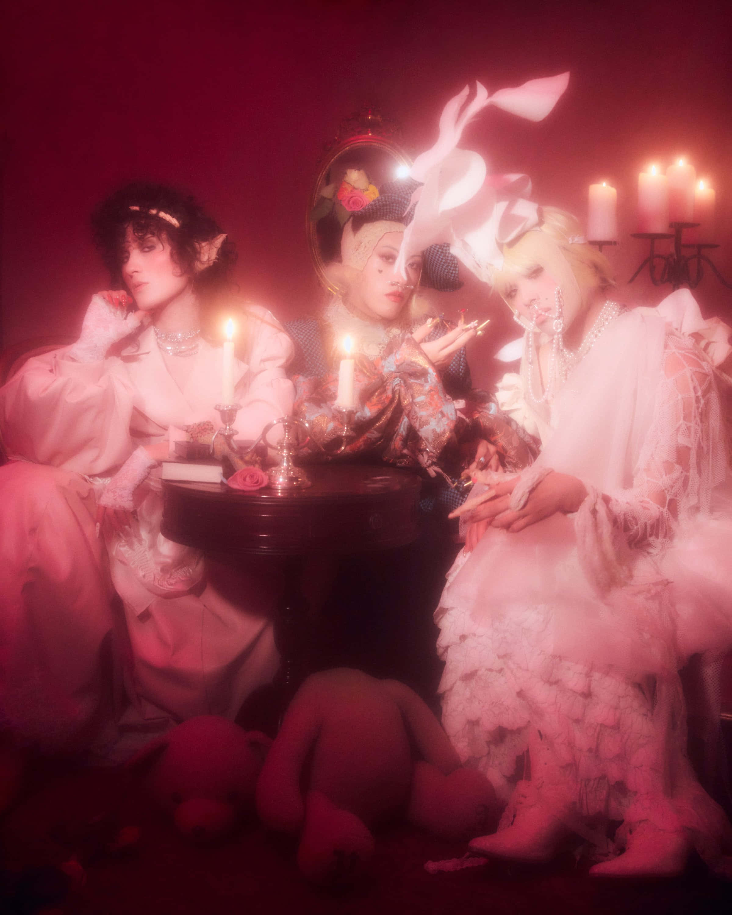 Visual Kei, three figures, ornate costumes, 2K Phone Wallpaper