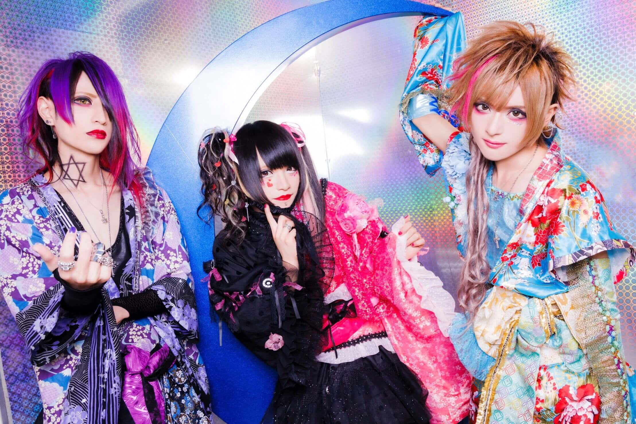 Visual Kei, floral kimonos, shimmering rainbow gradient backdrop, Full HD Desktop Wallpaper