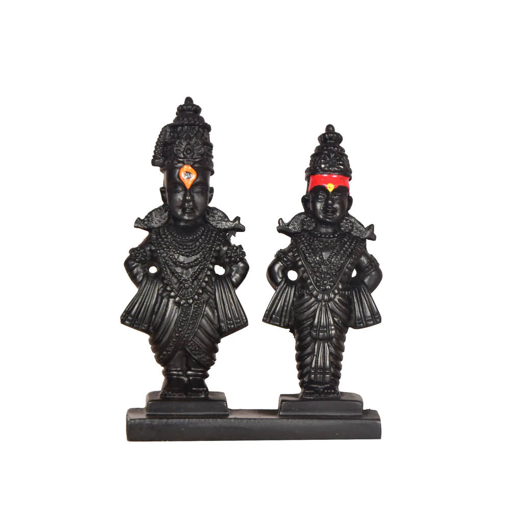 Vitthal Rukmini, black ornate deity statues, red and orange forehead marks, SD Desktop Wallpaper