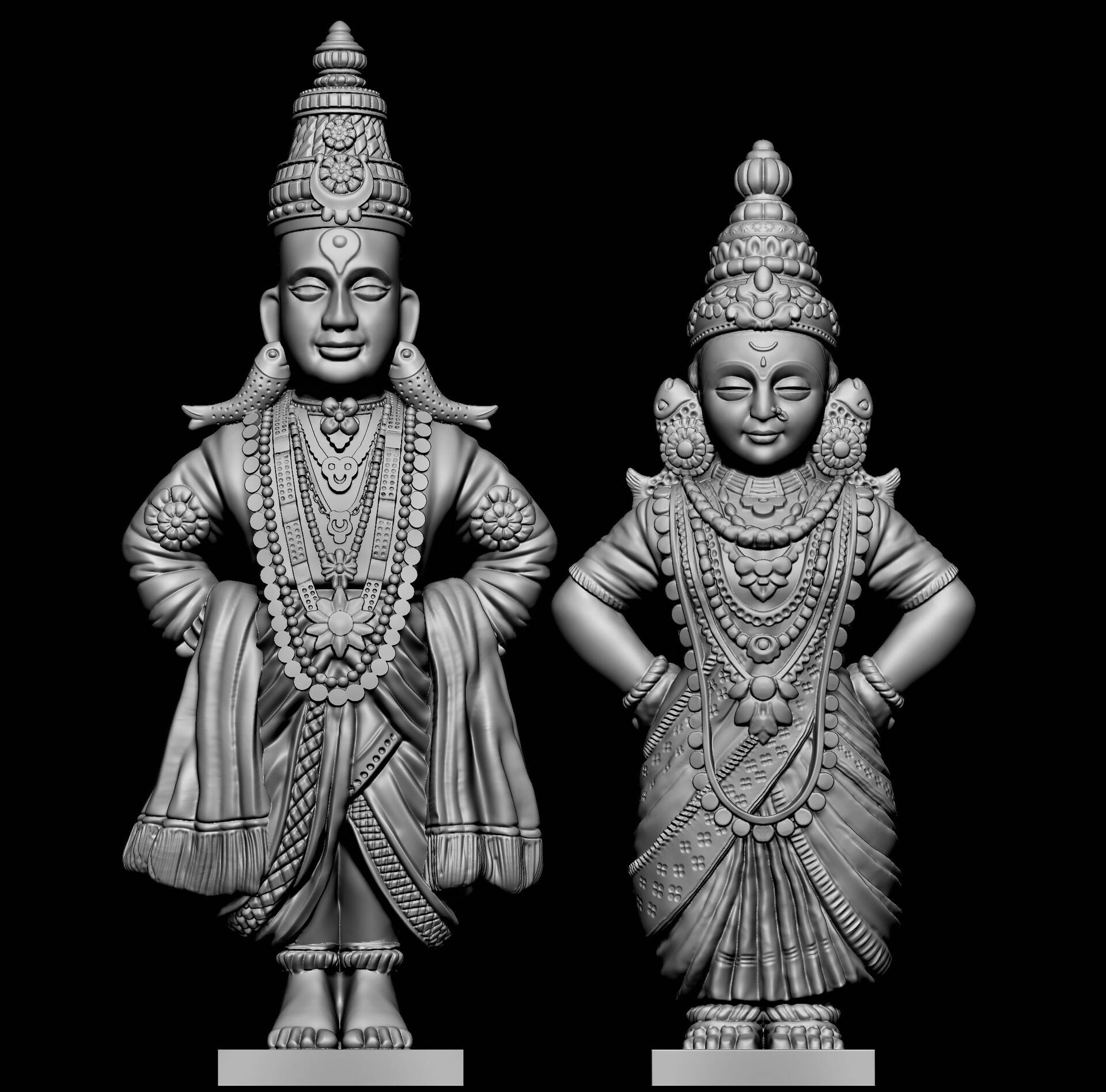 Vitthal Rukmini, monochrome statues, ornate crowns, Full HD Desktop Wallpaper