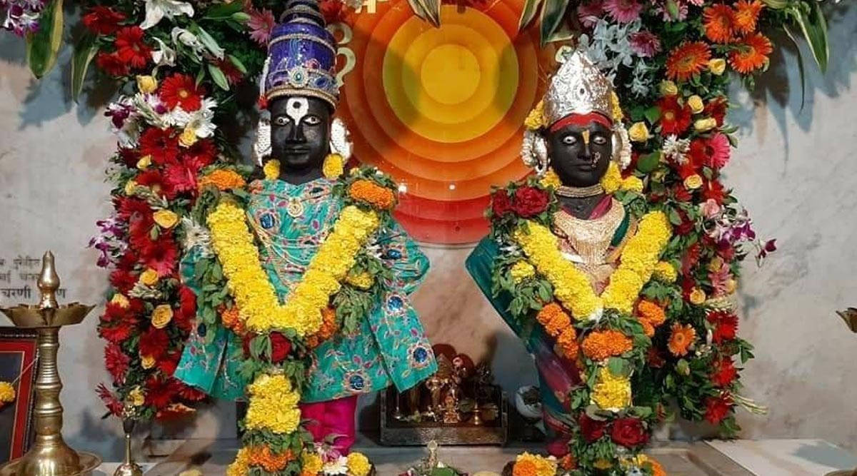 Vitthal Rukmini, floral garlands, vibrant, SD Desktop Wallpaper