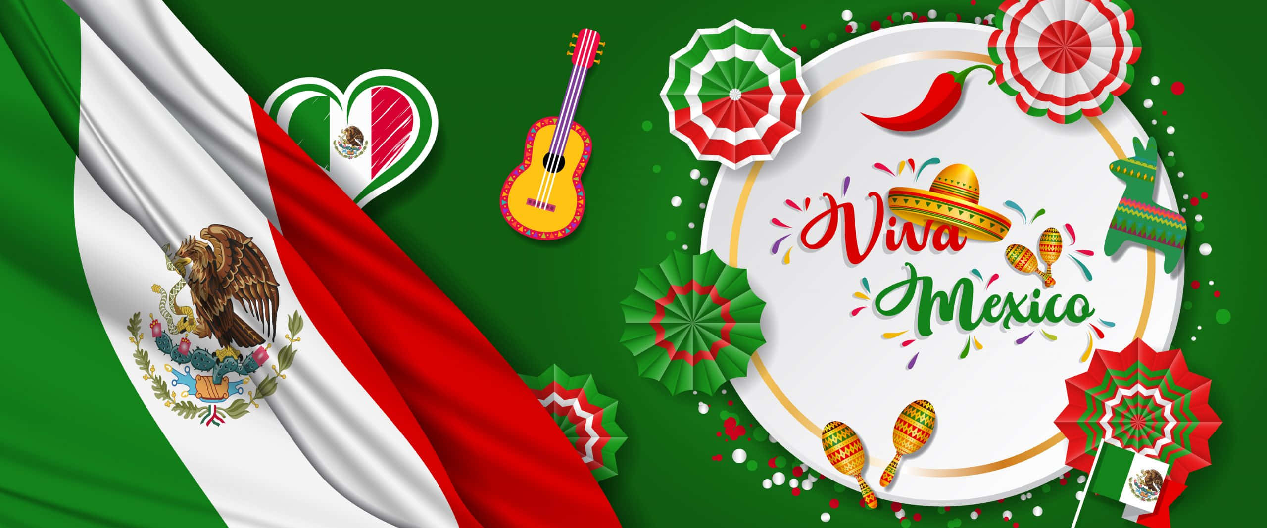 Viva Mexico, Mexican celebration, waving flag, 2K Desktop Wallpaper
