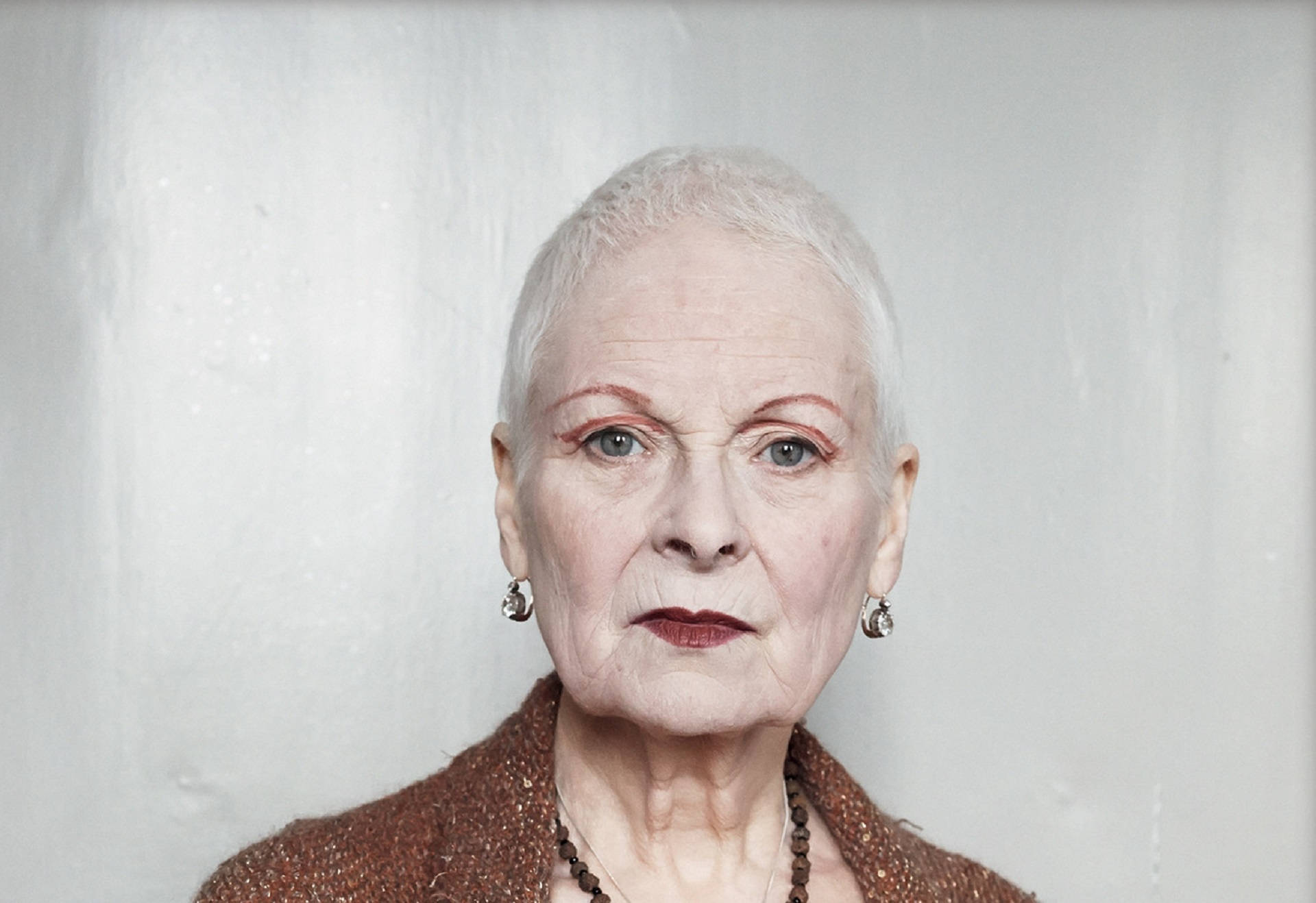 Vivienne Westwood, white hair, bold red eye makeup, Full HD Desktop Wallpaper