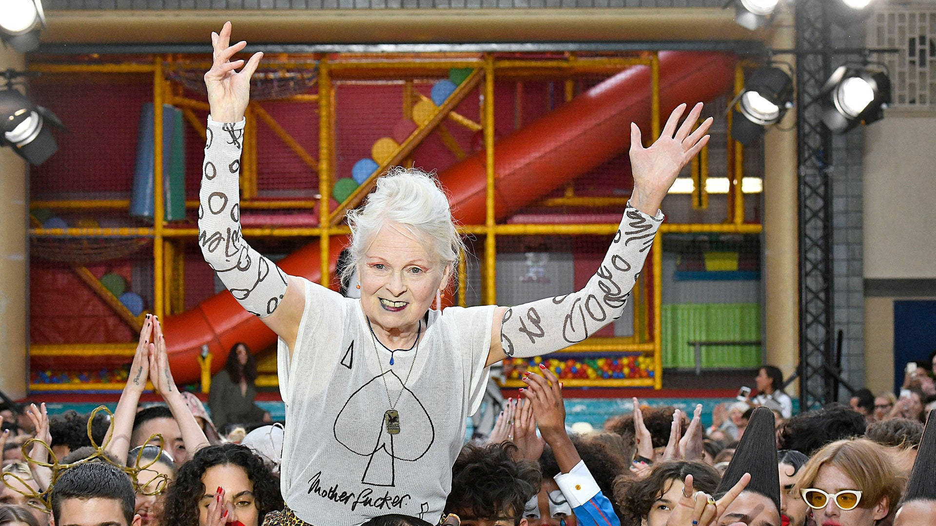 Vivienne Westwood, white hair, painted arms, Full HD Desktop Wallpaper