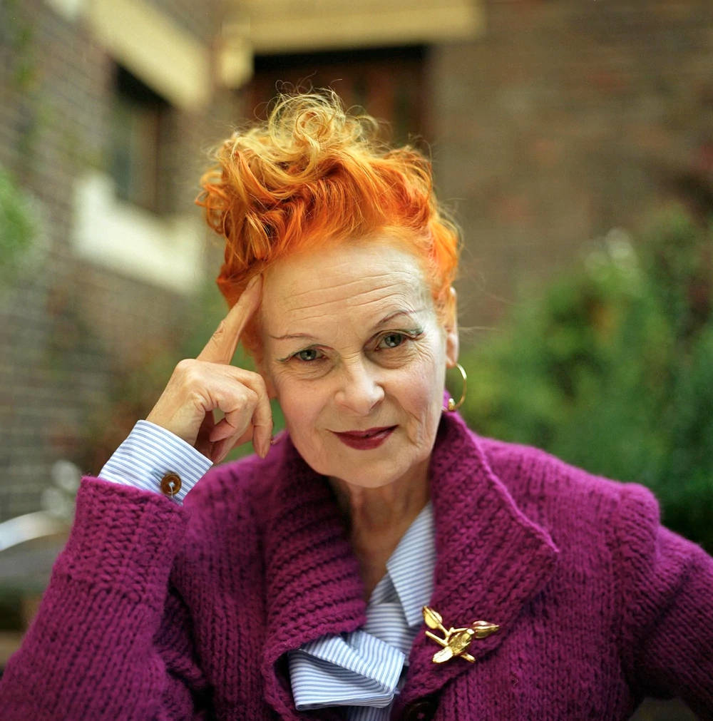 Vivienne Westwood, orange hair, purple knit jacket, SD Phone Wallpaper