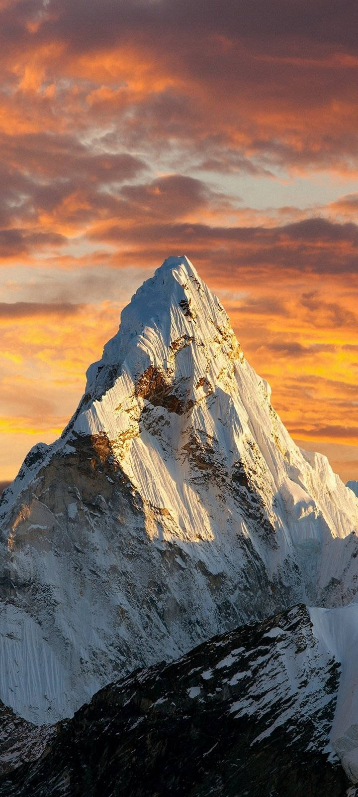 Vivo Y20, snowy mountain peak, fiery orange and pink sunset sky, HD Phone Wallpaper