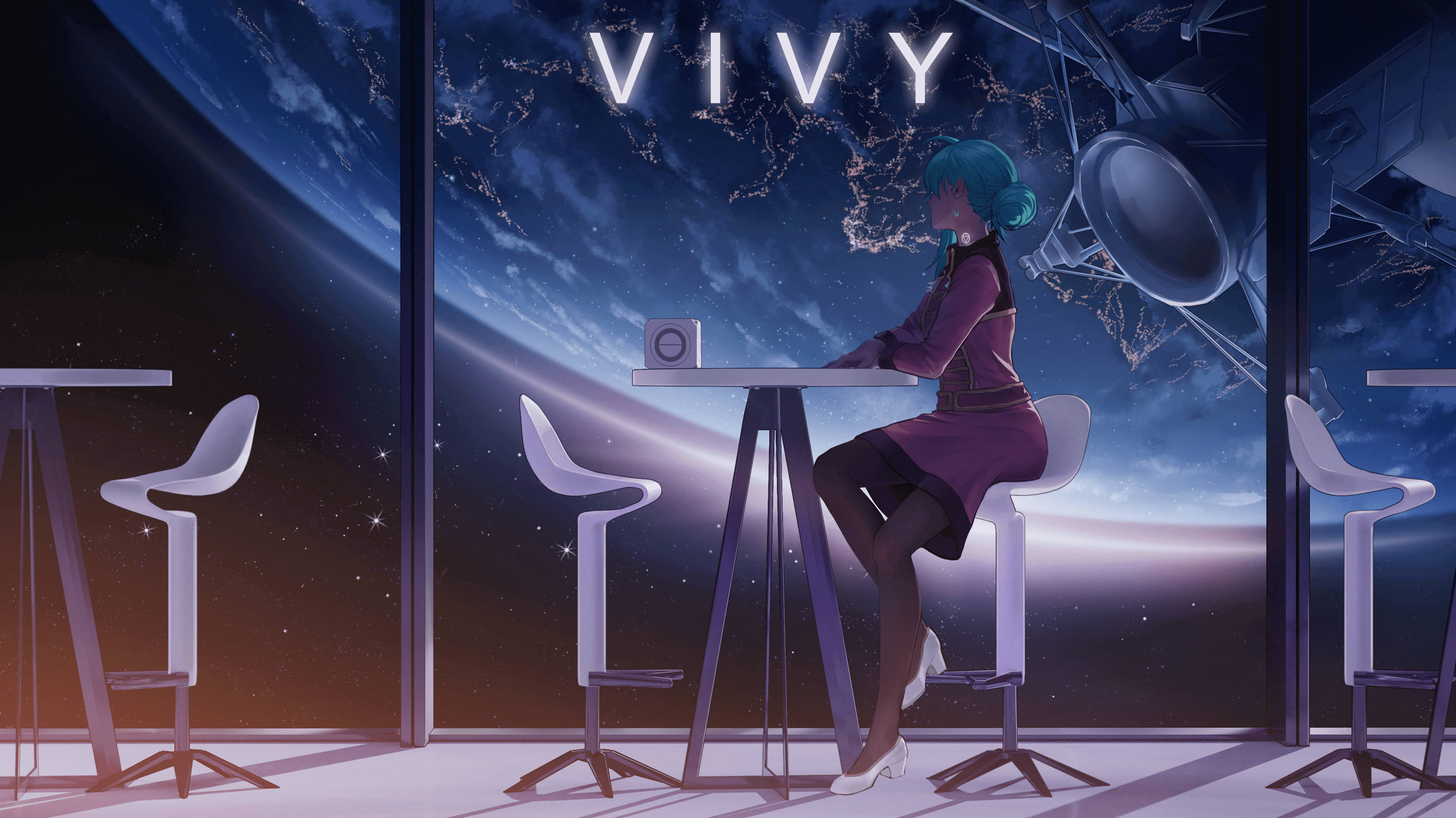 Vivy, teal-haired anime girl, starry space station, 2K Desktop Wallpaper