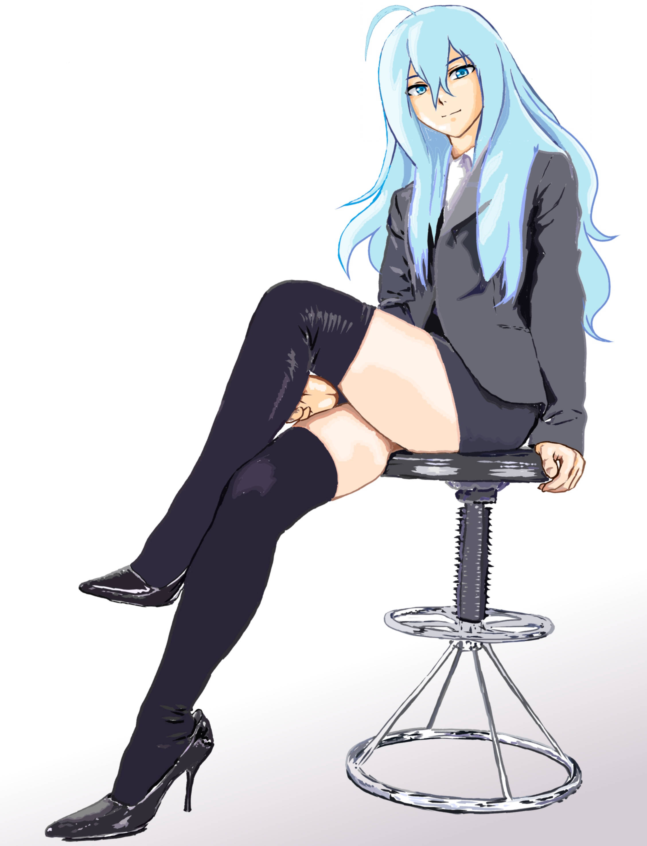 Vivy, blue-haired, black suit, 2K Phone Wallpaper