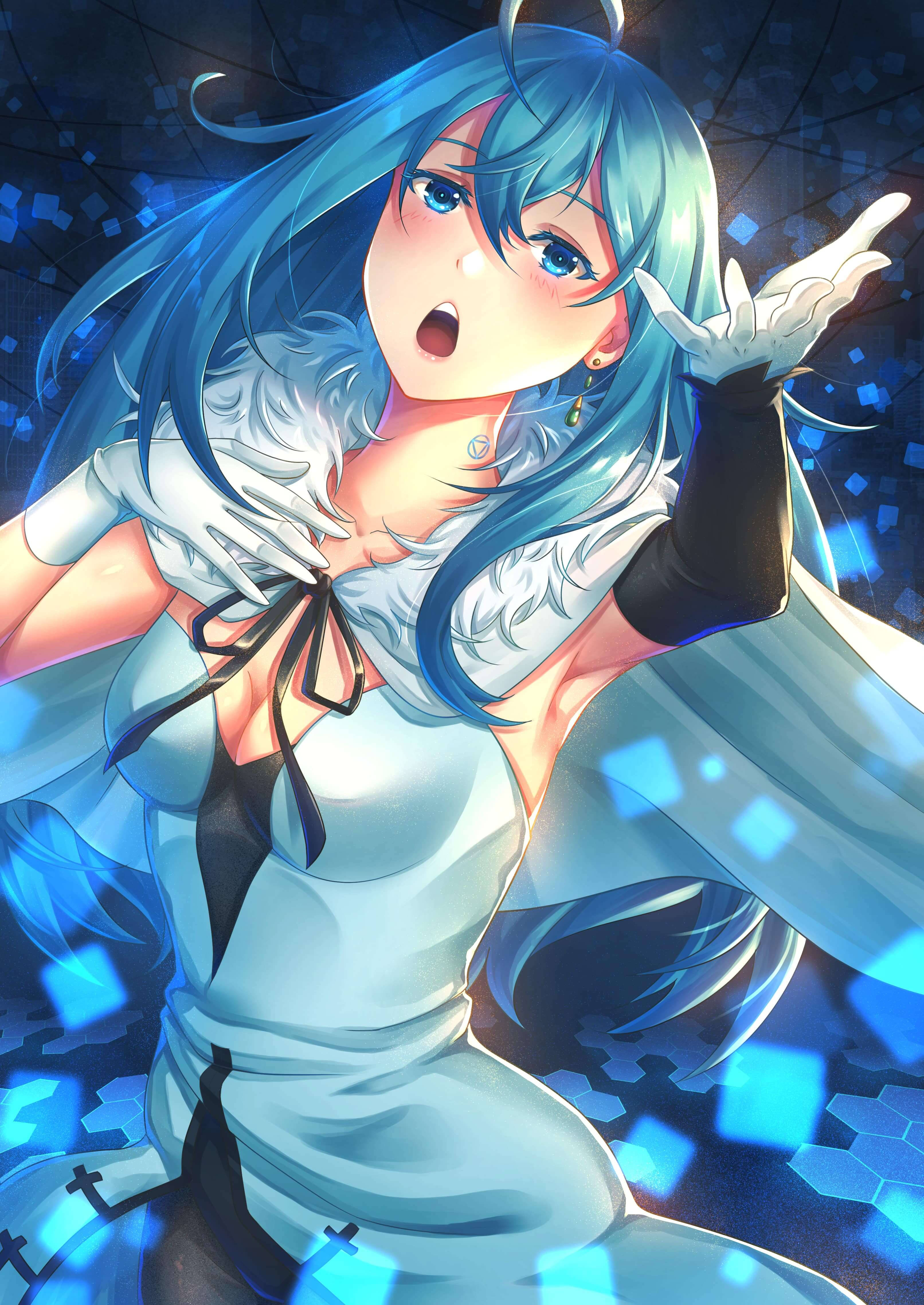Vivy, blue hair, glowing blue cubes, 4K Phone Wallpaper