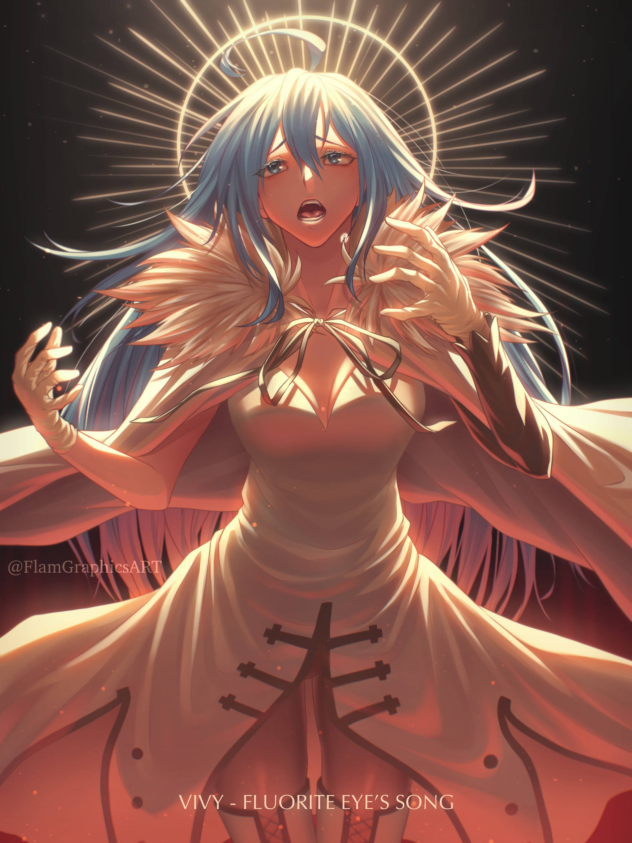 Vivy, blue-haired anime girl, radiant halo, 2K Phone Wallpaper