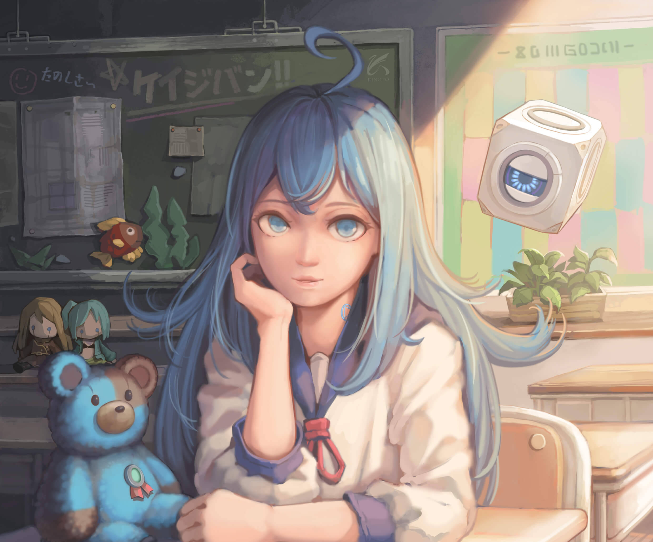 Vivy, blue-haired anime girl, sunlit classroom, Full HD Desktop Wallpaper
