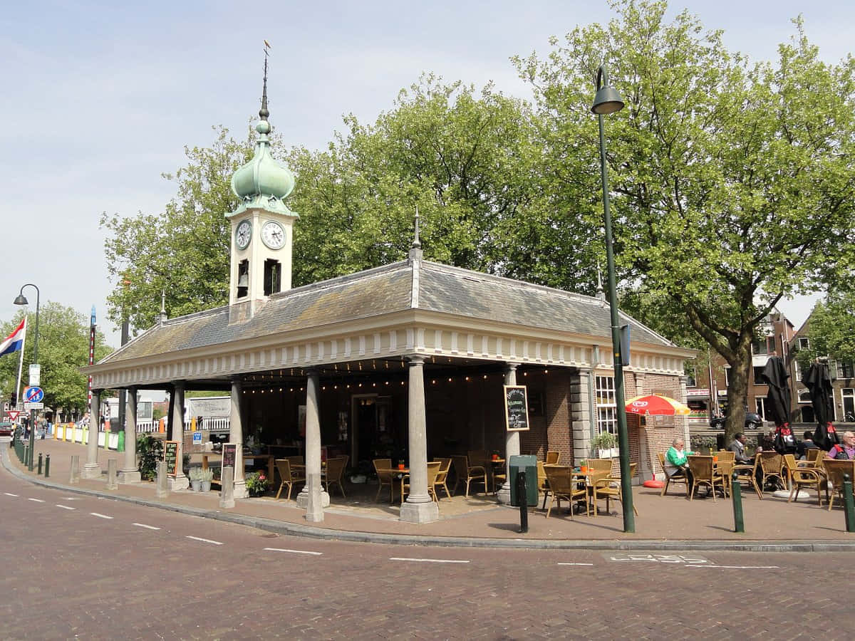 Vlaardingen, historic fish market cafe, clock tower, SD Desktop Wallpaper
