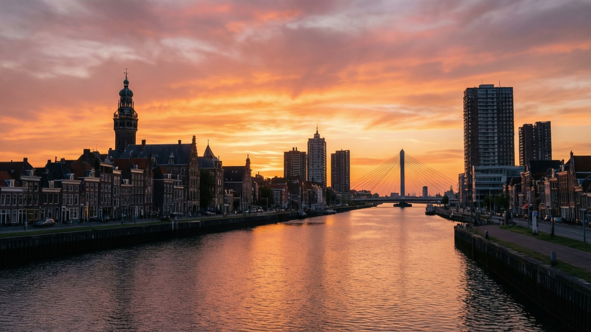 Vlaardingen, sunset, skyline, Full HD Desktop Wallpaper