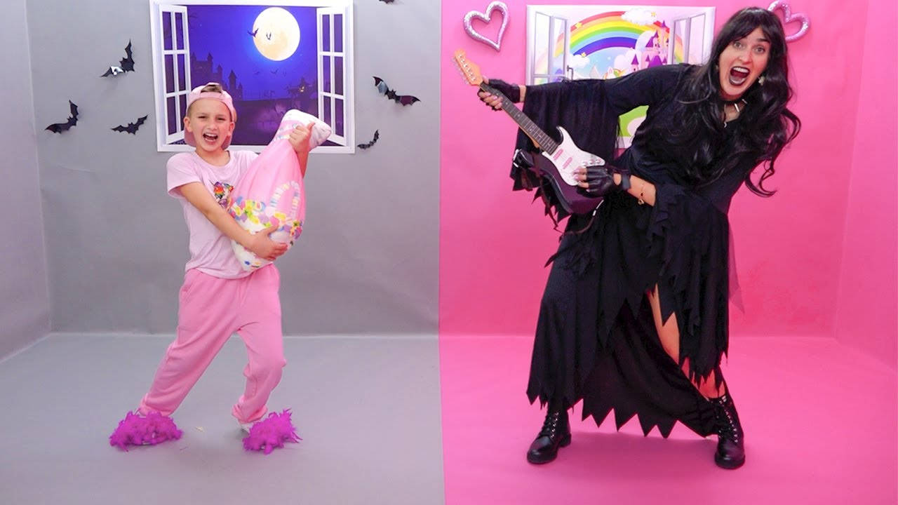Vlad And Niki, pink pajamas, black witch costume, HD Desktop Wallpaper