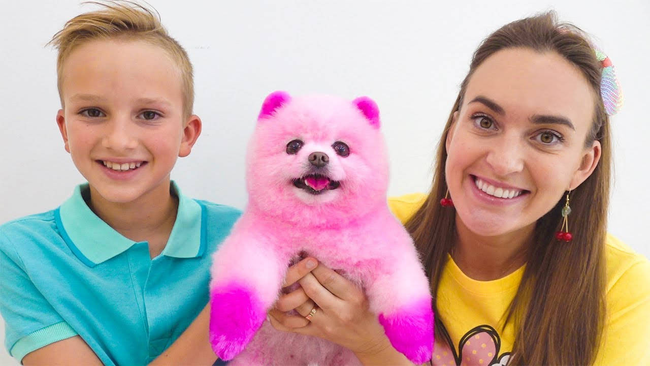 Vlad And Niki, pink dog, smiling boy, HD Desktop Wallpaper