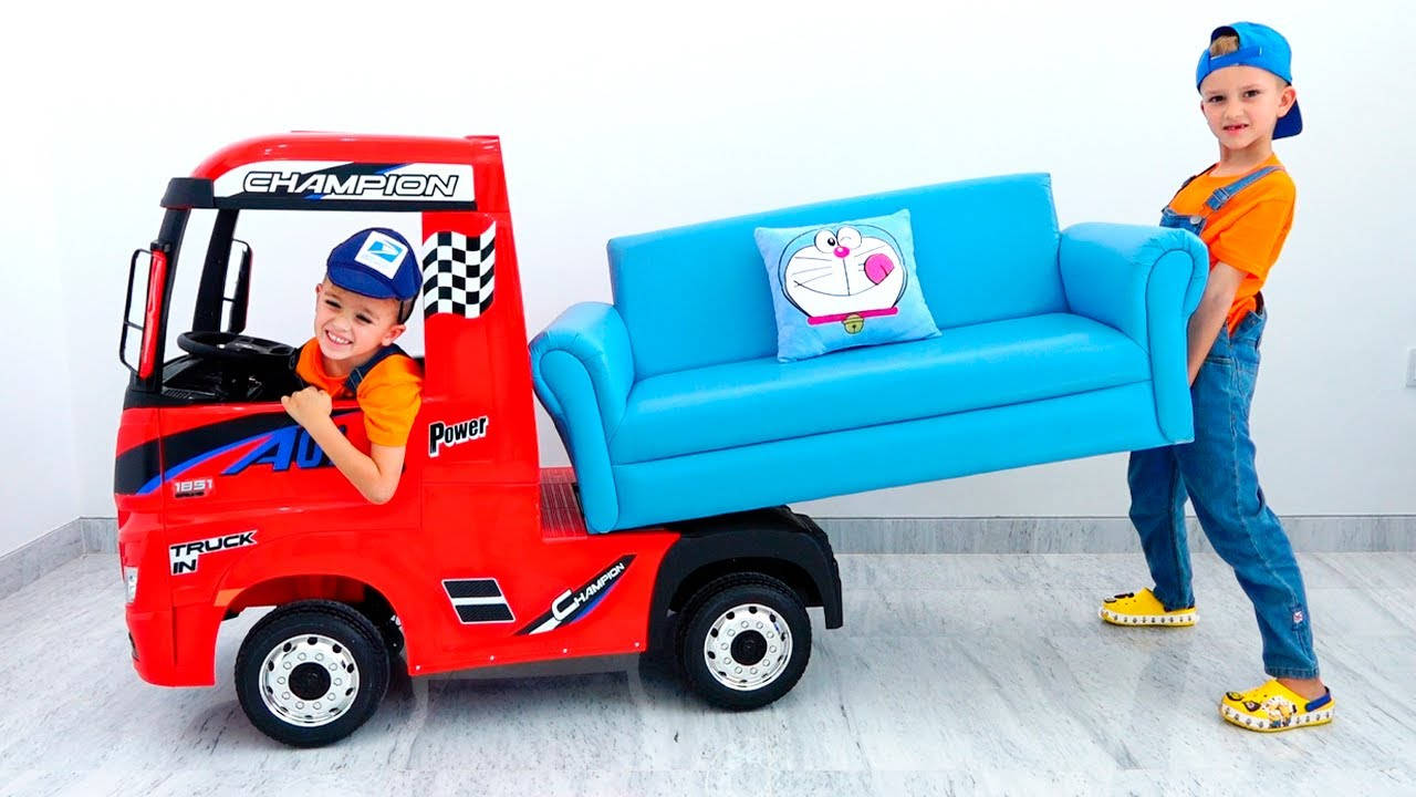Vlad And Niki, red toy truck, blue couch, HD Desktop Wallpaper