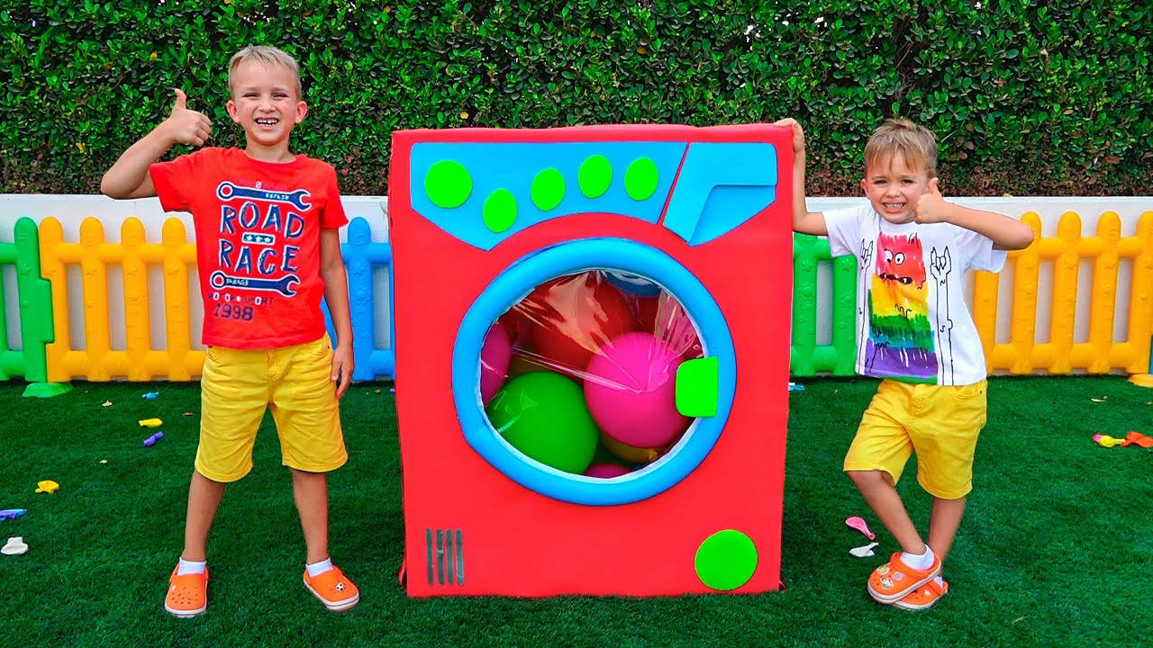 Vlad And Niki, giant red toy washing machine, colorful balls, HD Desktop Wallpaper