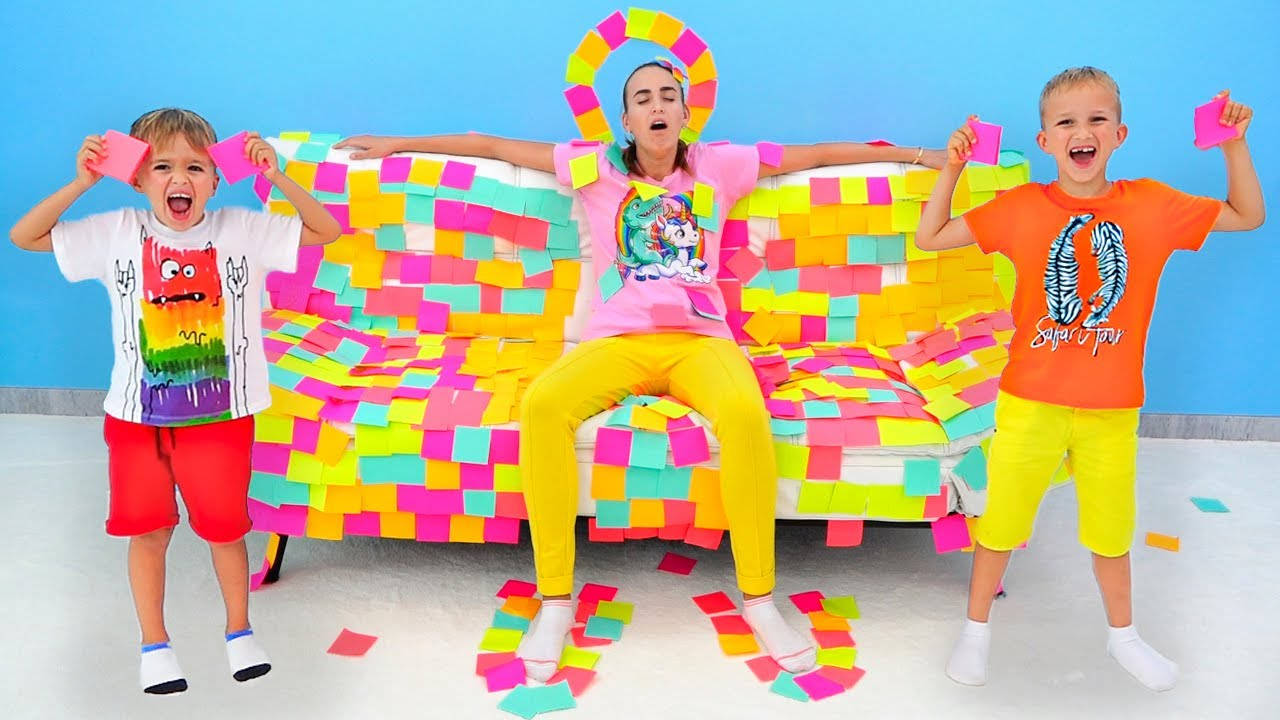 Vlad And Niki, colorful sticky notes, bright blue wall, HD Desktop Wallpaper