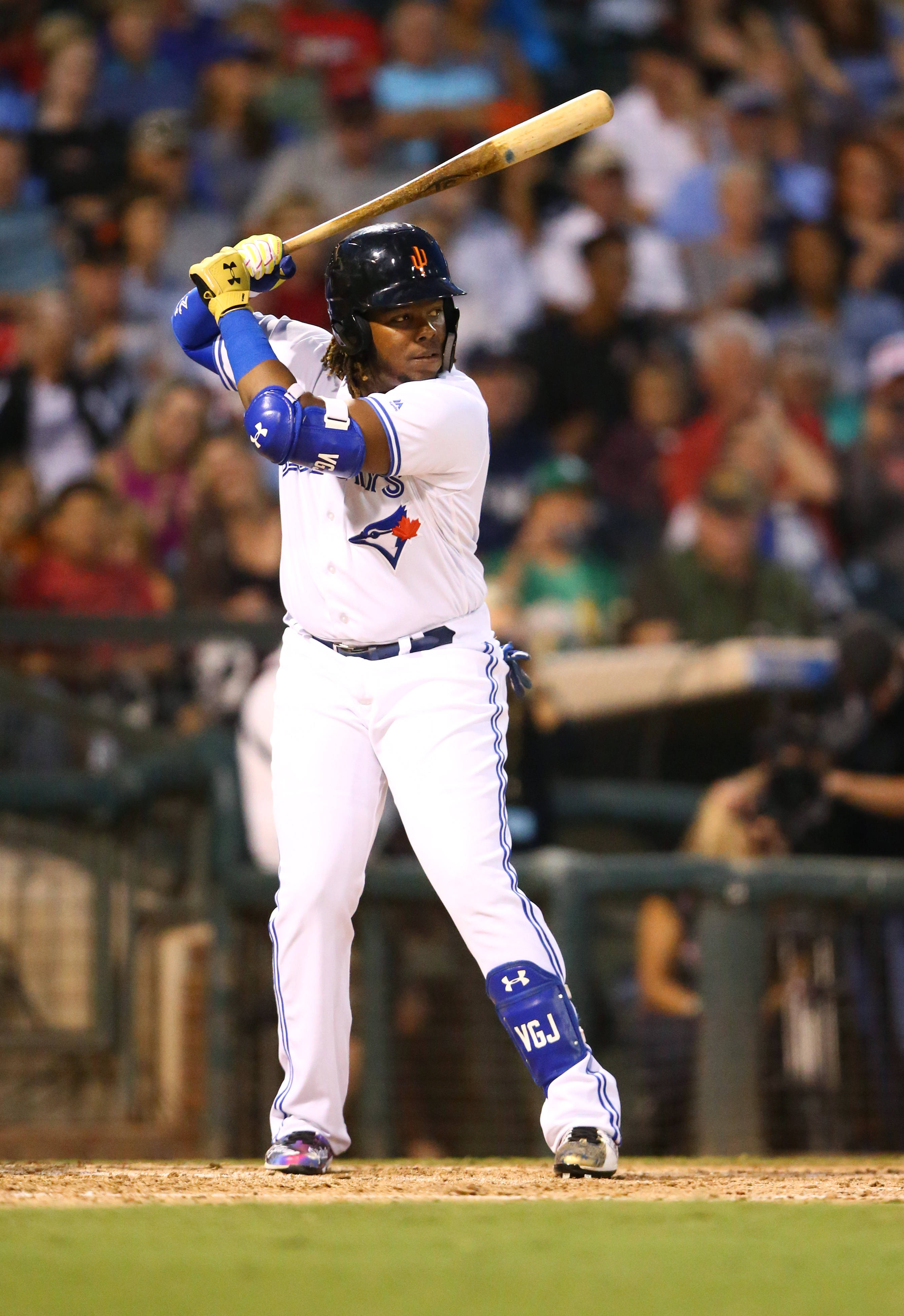 Vladimir Guerrero Jr, white uniform, blue accents, 4K Phone Wallpaper