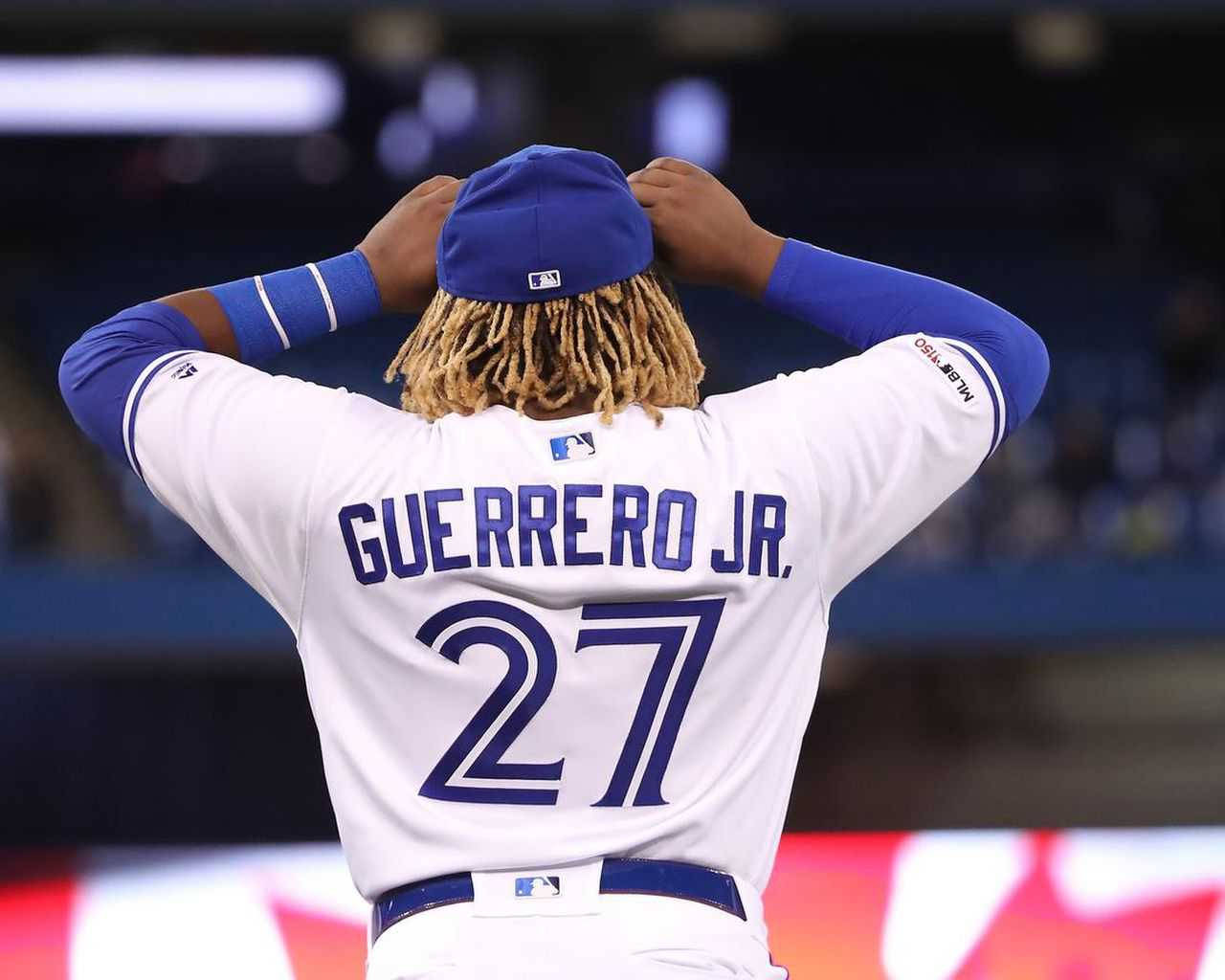 Vladimir Guerrero Jr, white jersey, blue number 27, HD Desktop Wallpaper