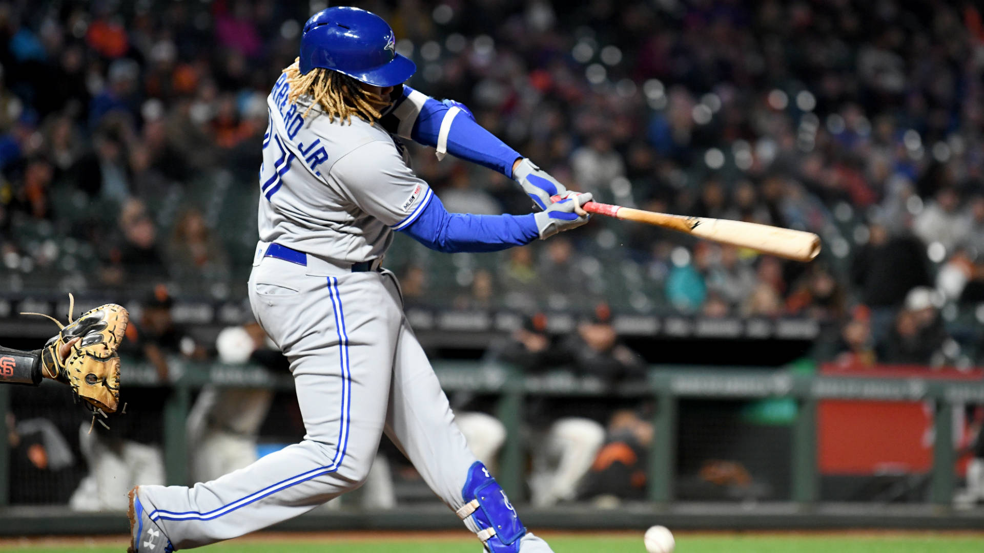 Vladimir Guerrero Jr, blue and gray uniform, bat, Full HD Desktop Wallpaper