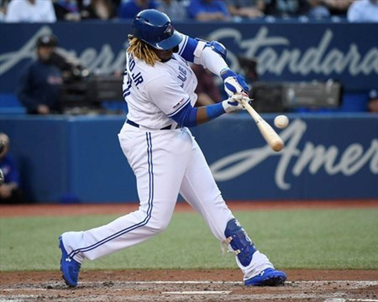 Vladimir Guerrero Jr, white and blue uniform, bat, HD Desktop Wallpaper