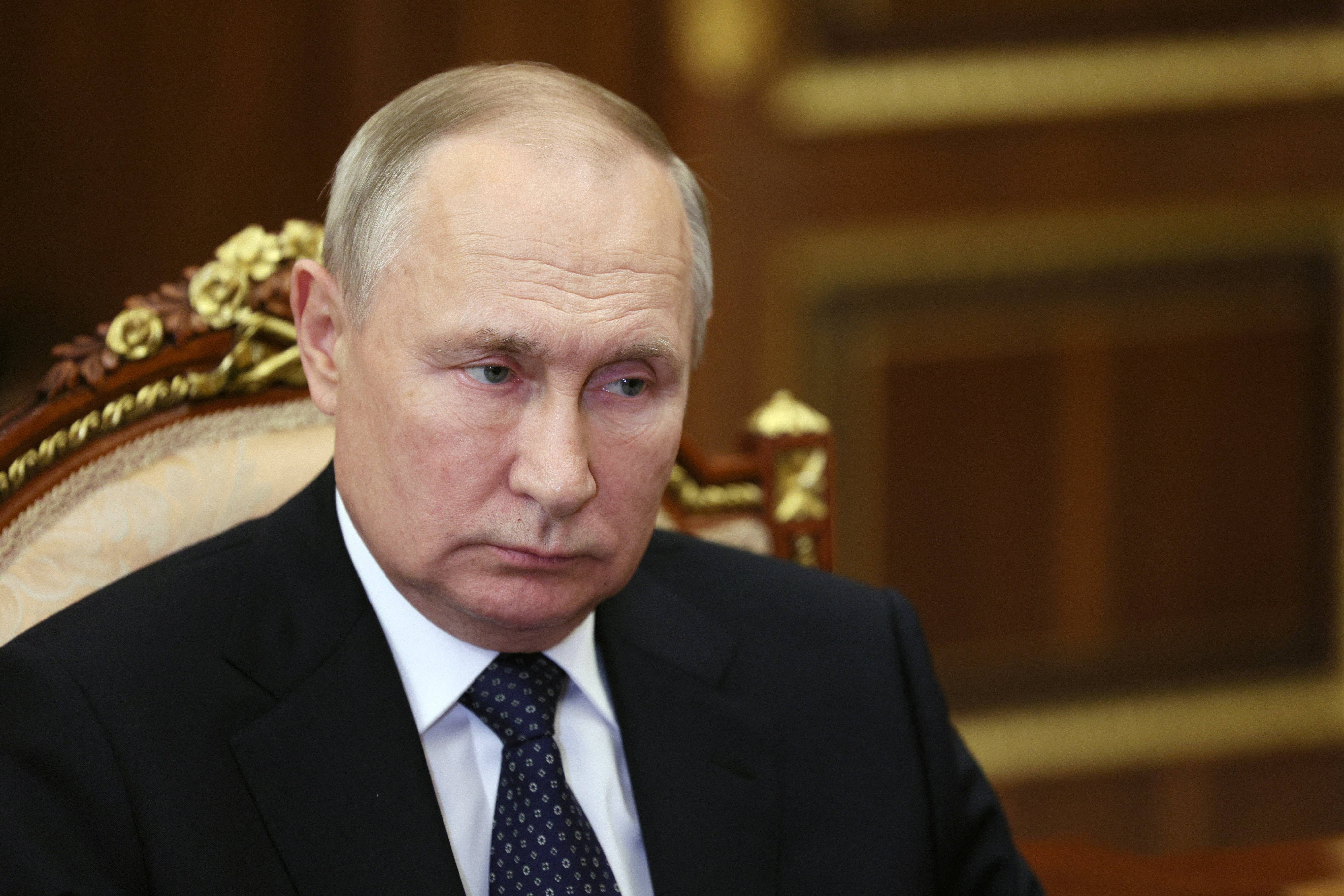 Vladimir Putin, elegant chair, dark suit, 5K Desktop Wallpaper