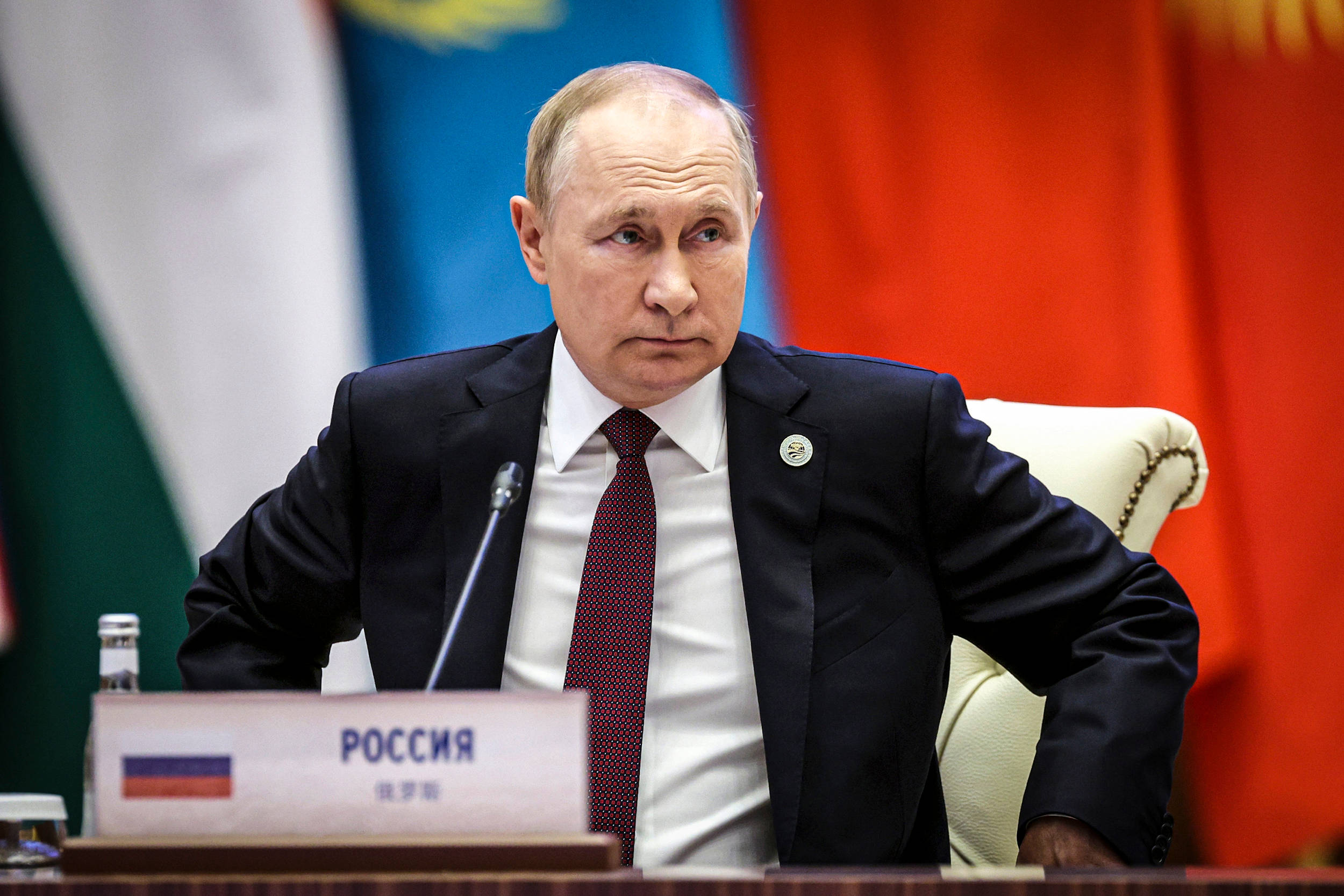 Vladimir Putin, dark suit, red tie, Full HD Desktop Wallpaper