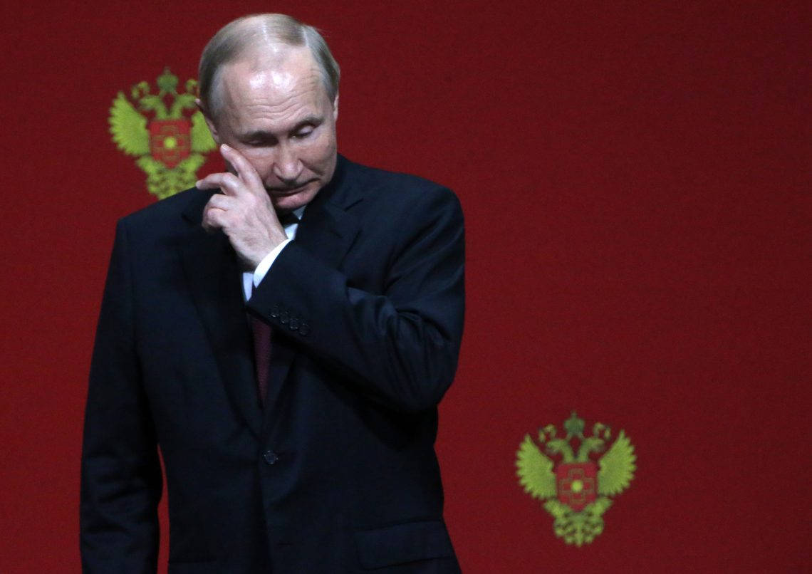 Vladimir Putin, dark suit, red backdrop, SD Desktop Wallpaper